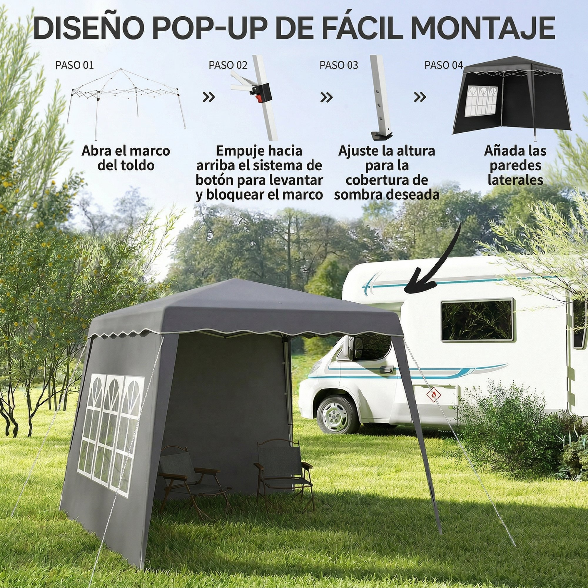 Una carpa pop-up negra con ventanas se alza en el césped junto a una autocaravana.