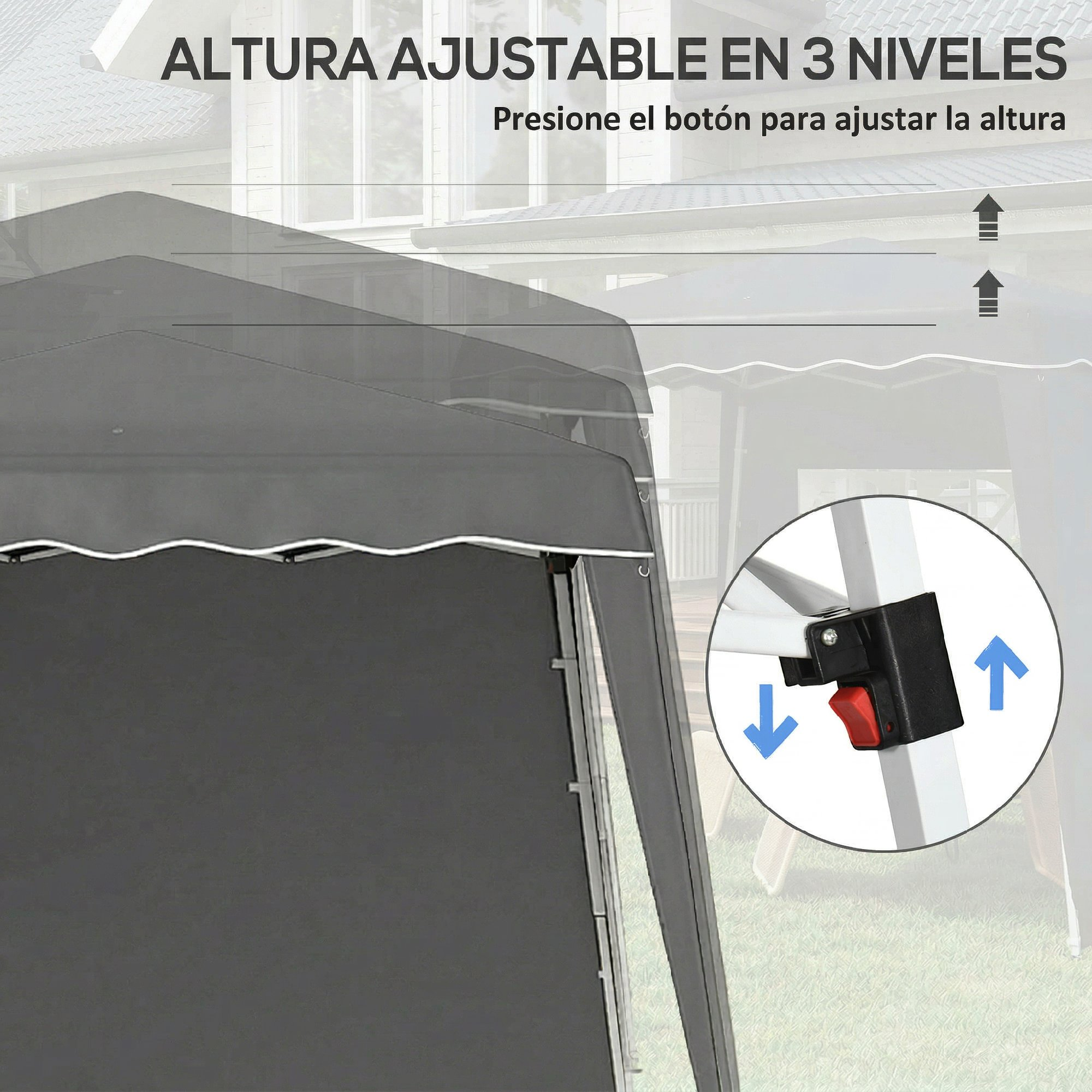 Una tienda con altura ajustable, vista detallada del mecanismo.