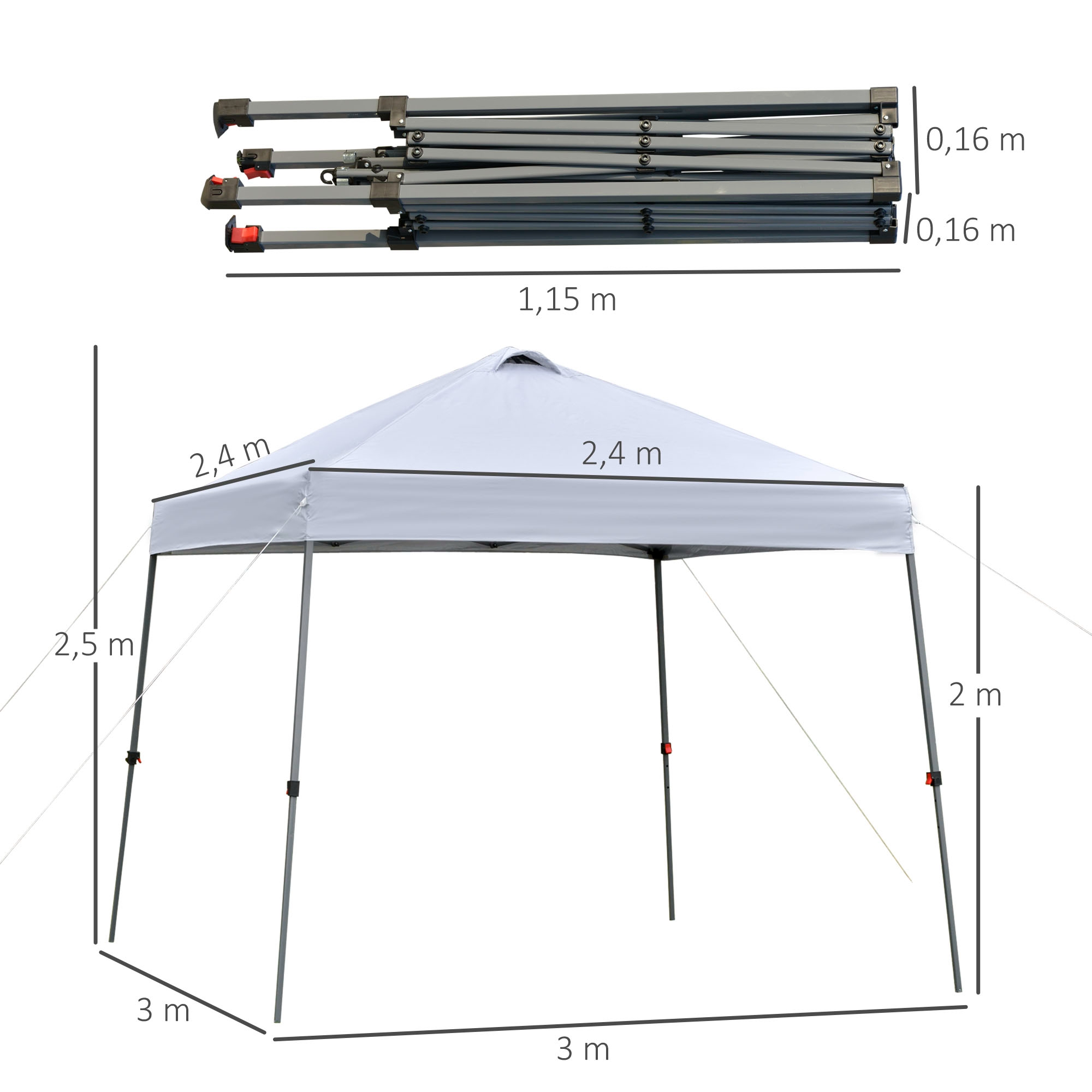 Una carpa blanca con dimensiones está montada. Debajo hay una carpa plegada.