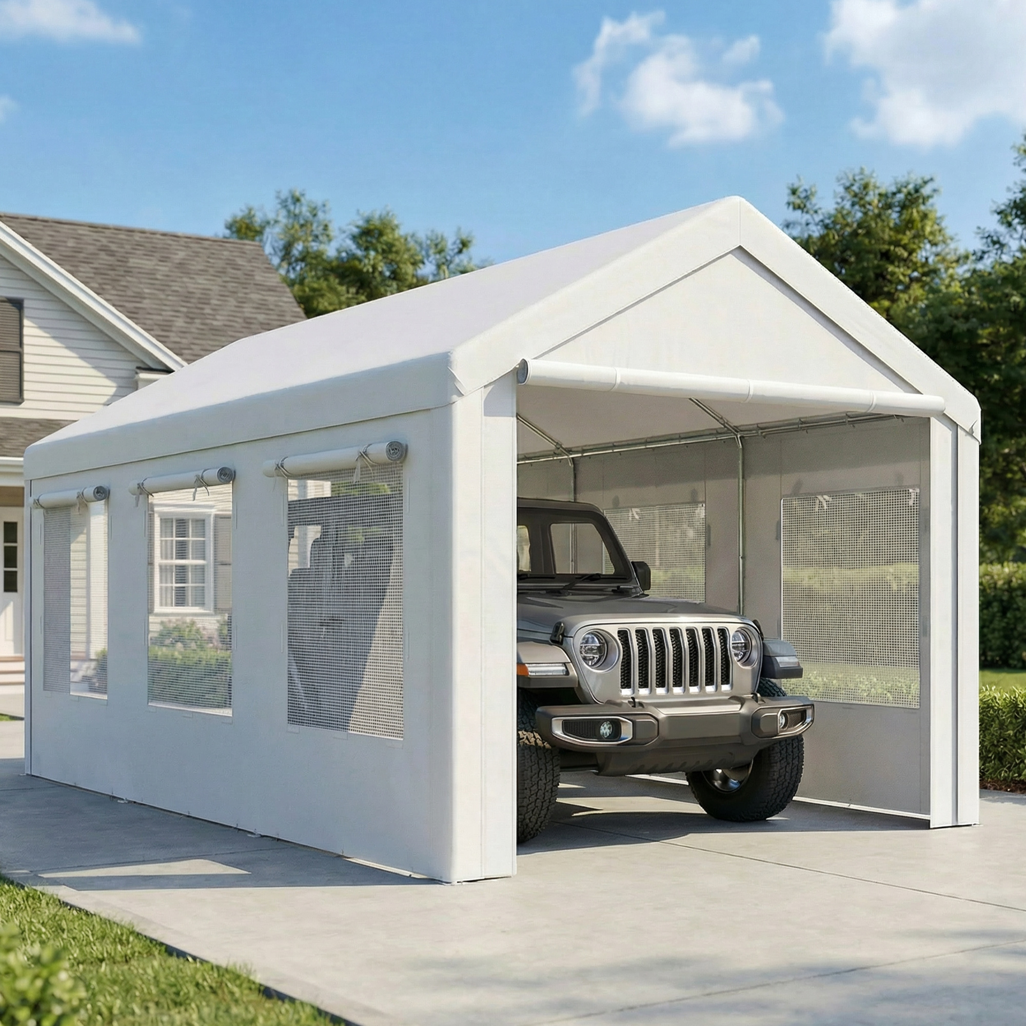Un Jeep plateado está aparcado dentro de un garaje de lona blanco junto a una casa.