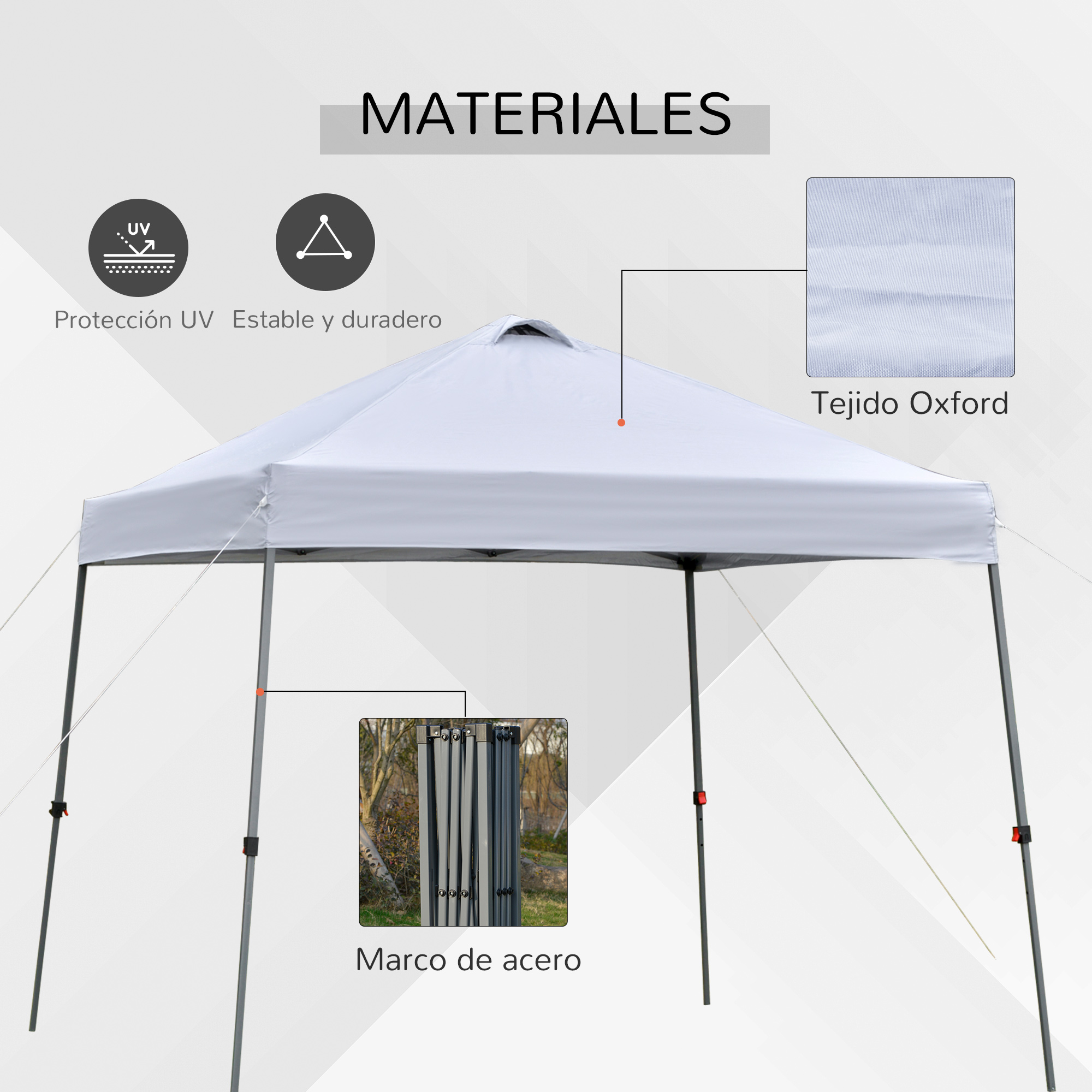 Una carpa blanca con marco de acero y tela Oxford, protección UV.