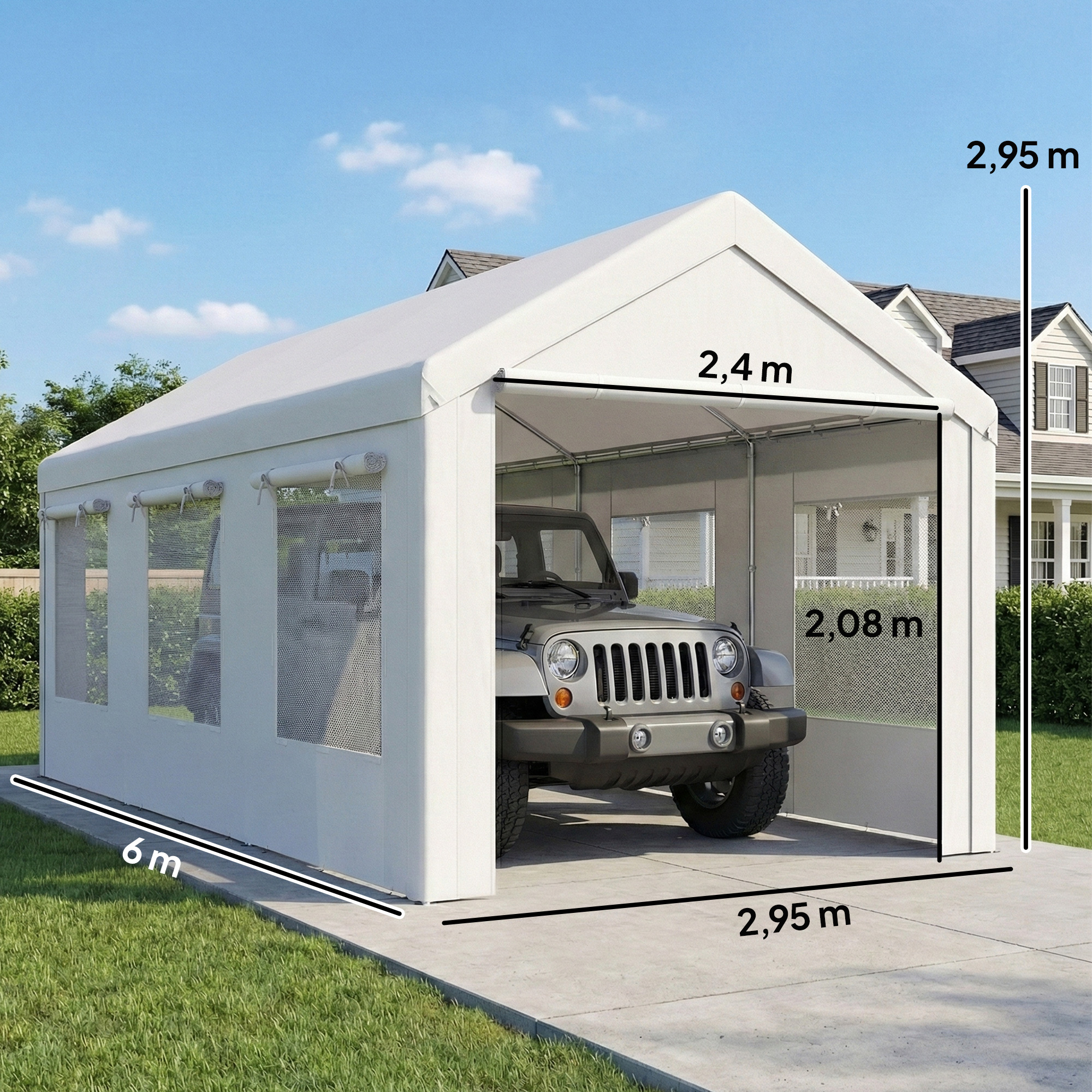 Un garaje de carpa blanco con un Jeep dentro, se muestran las dimensiones.