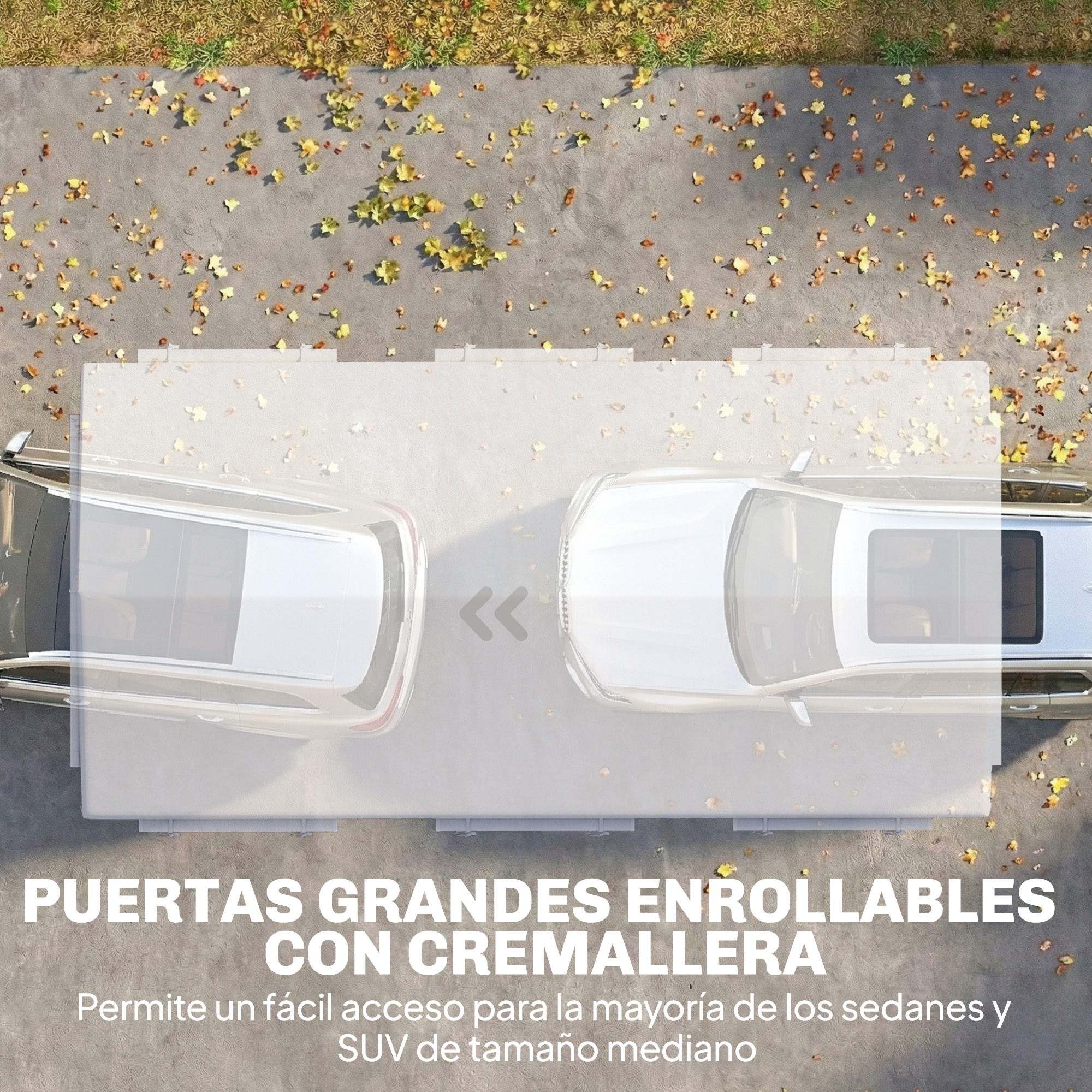 Dos coches aparcados en un solar con hojas de otoño.