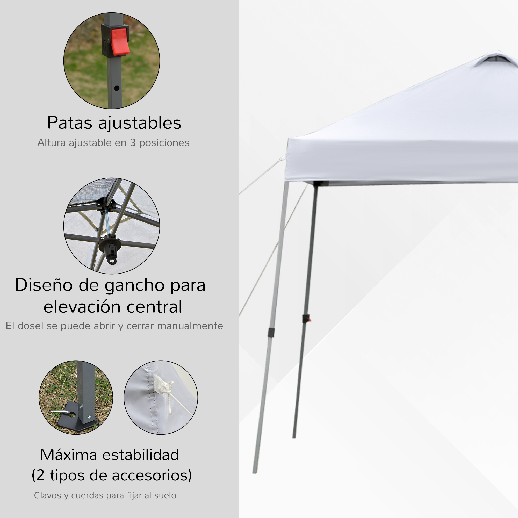 Una carpa blanca con patas ajustables y accesorios de fijación.