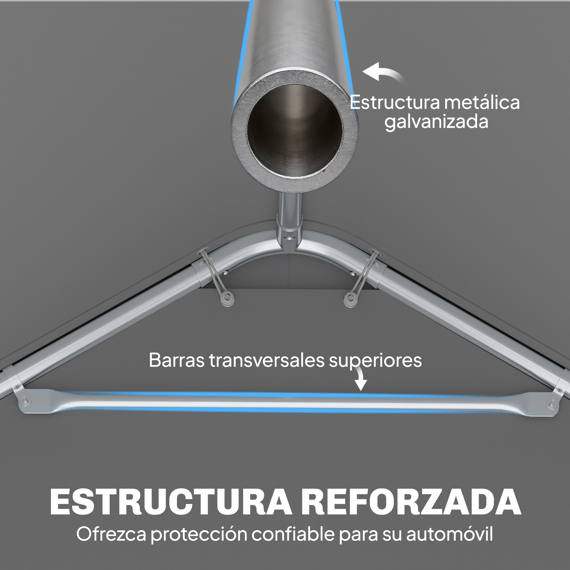 Estructura metálica galvanizada con barras transversales y cuerdas.