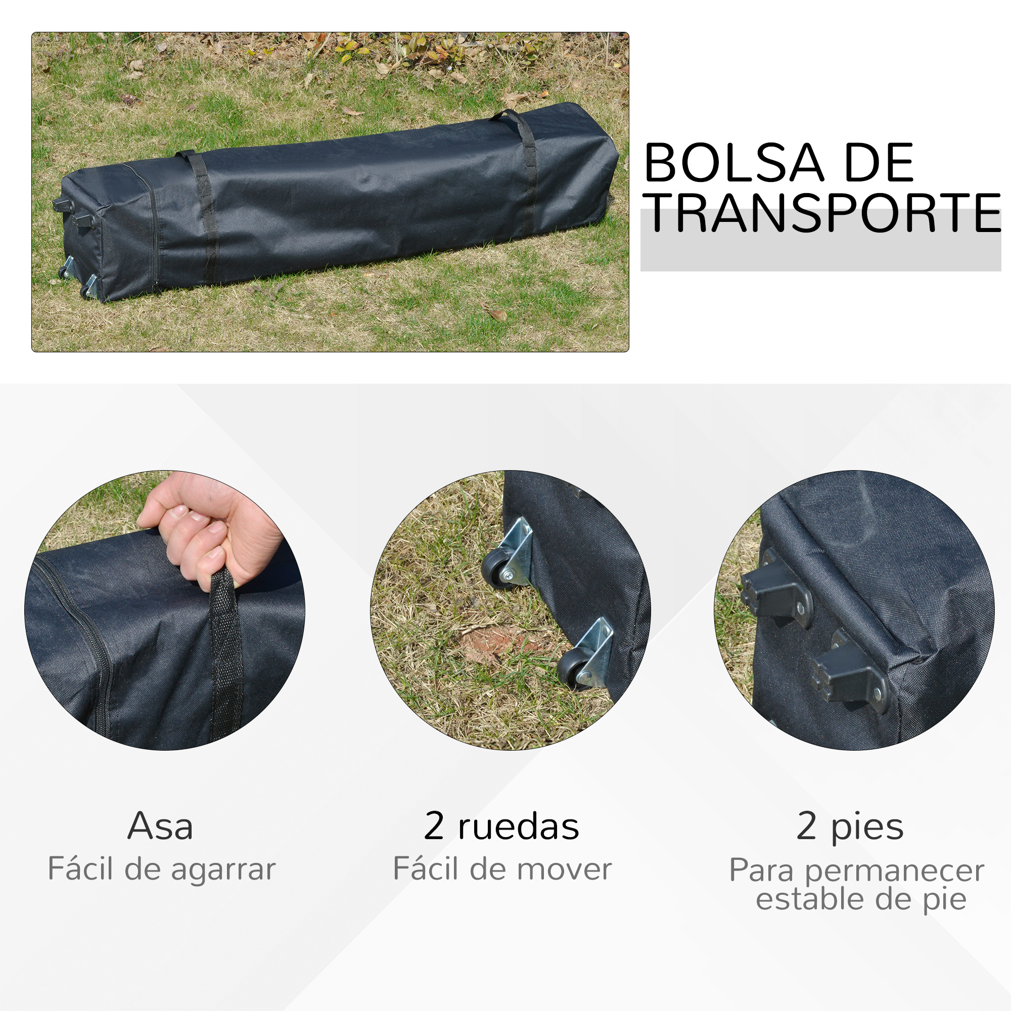 Bolsa de transporte negra con asas, ruedas y pies.