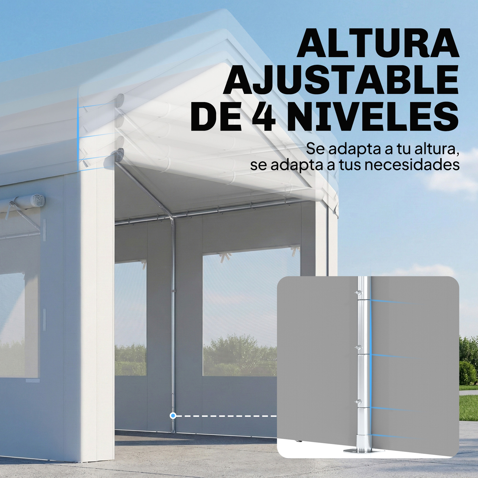 Una carpa blanca con altura ajustable y texto.