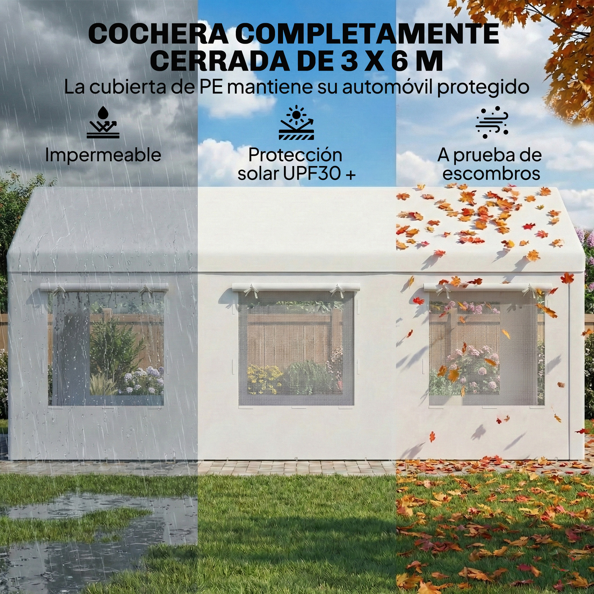 Un garaje blanco con ventanas, mostrando lluvia, sol y hojas de otoño.