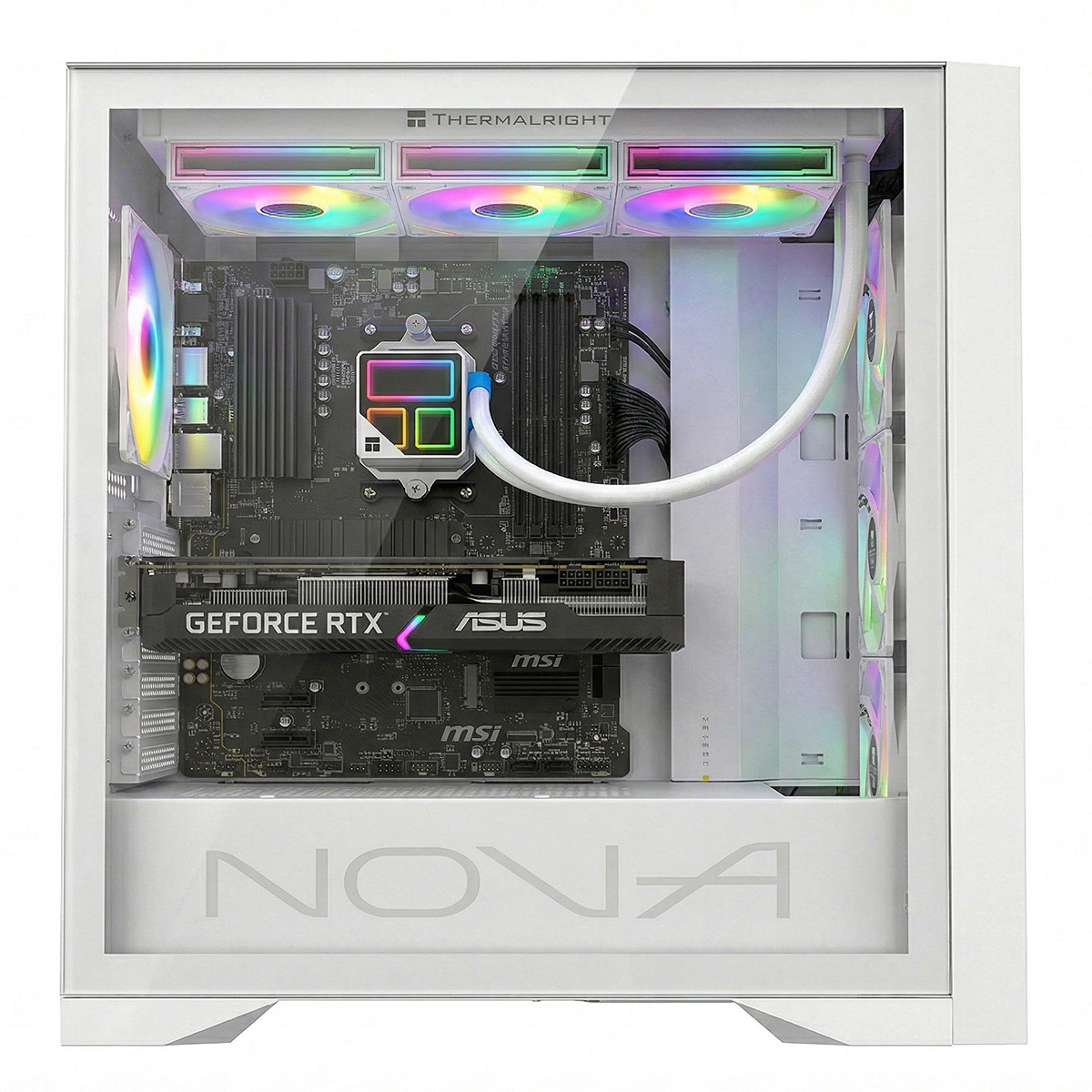 Una caja de PC blanca con ventiladores iluminados, placa base y tarjeta gráfica.