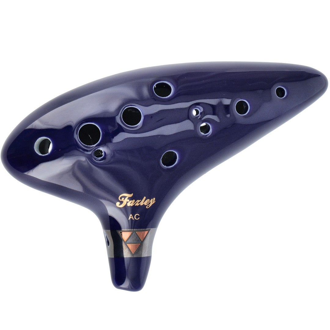 A dark blue ocarina with eleven holes and the logo "Farley AC" on a white background.