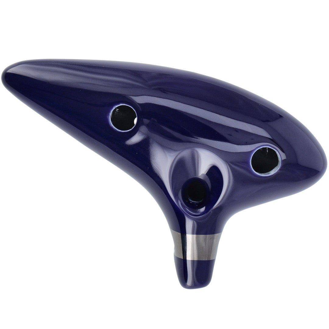 A dark blue ocarina with three holes and a silver band.