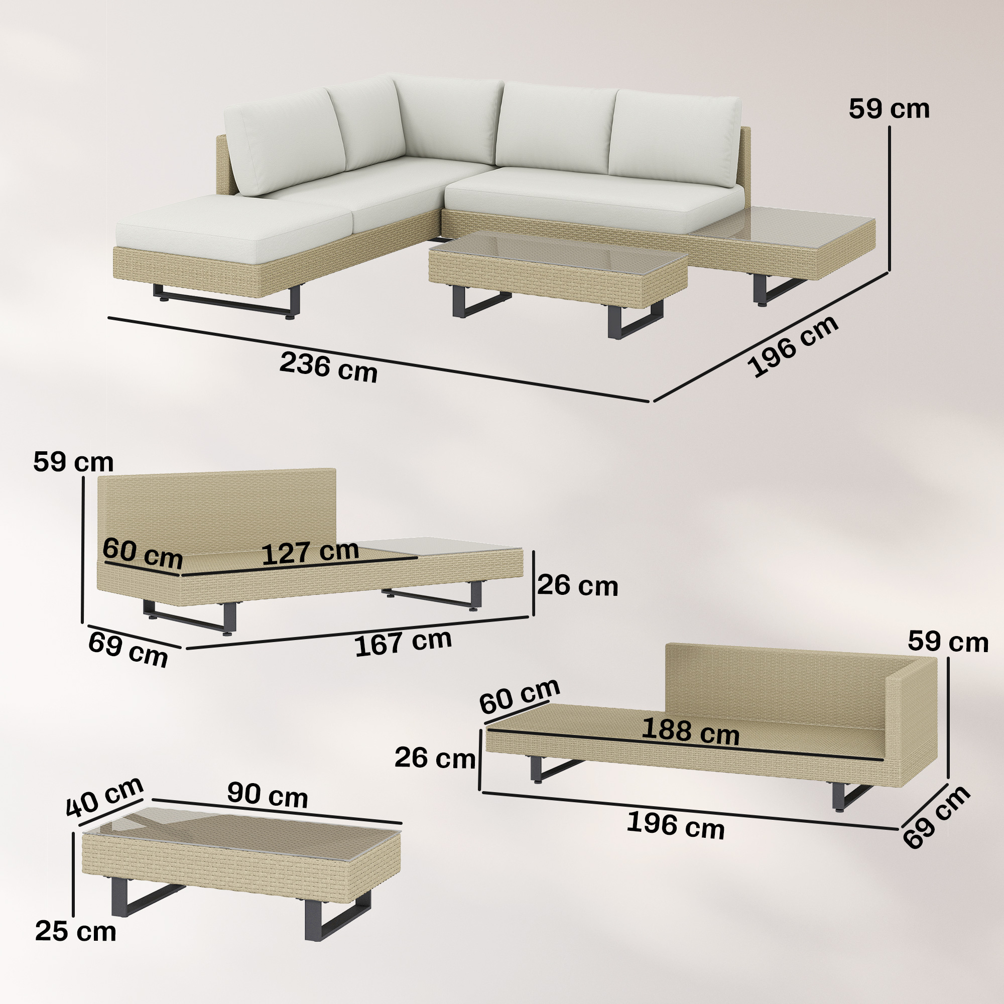 Conjunto de muebles de exterior con medidas: sofá en L 236x196cm, mesas de centro 90x40cm.