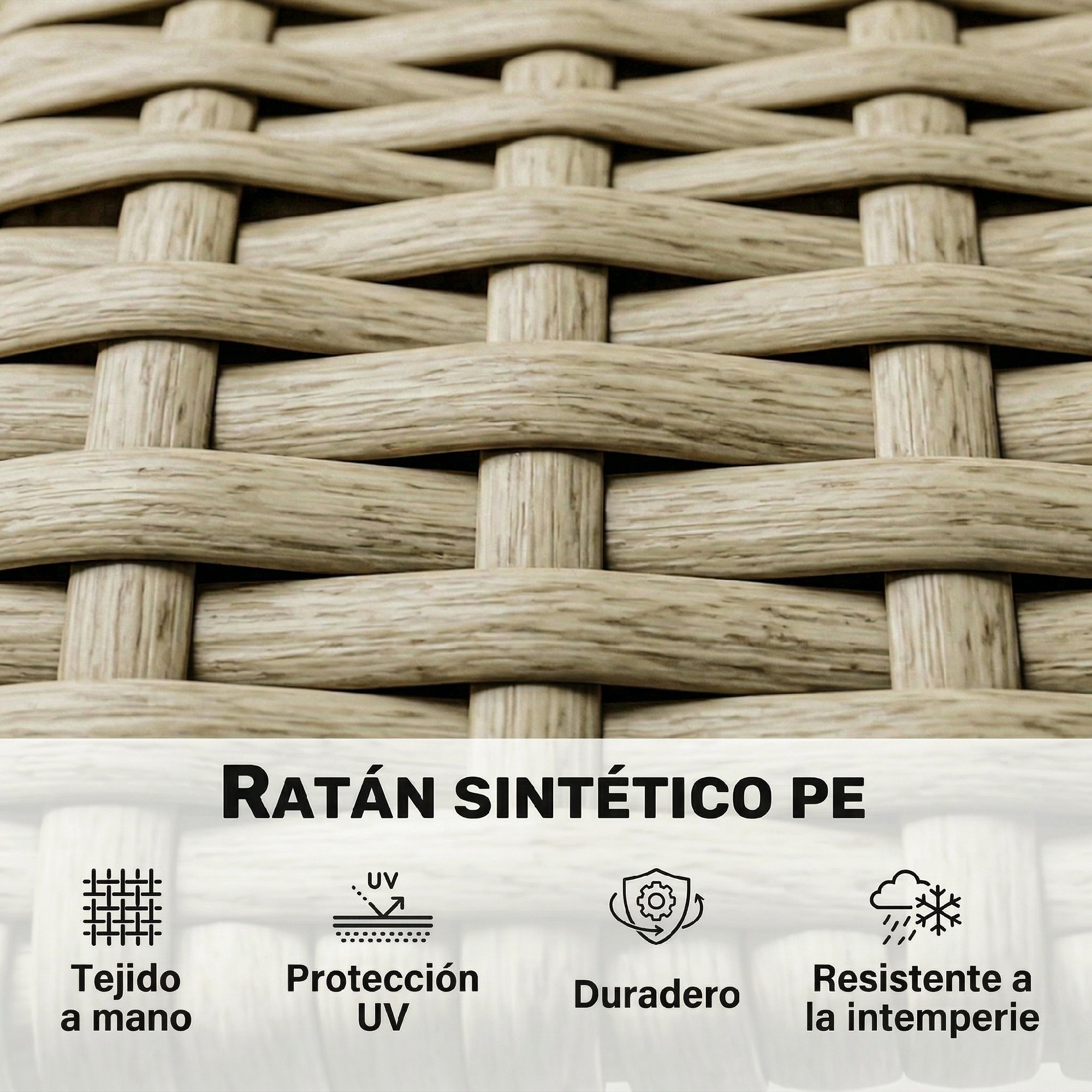 Primer plano de material de ratán PE tejido color beige con iconos de artesanía y resistencia a la intemperie.