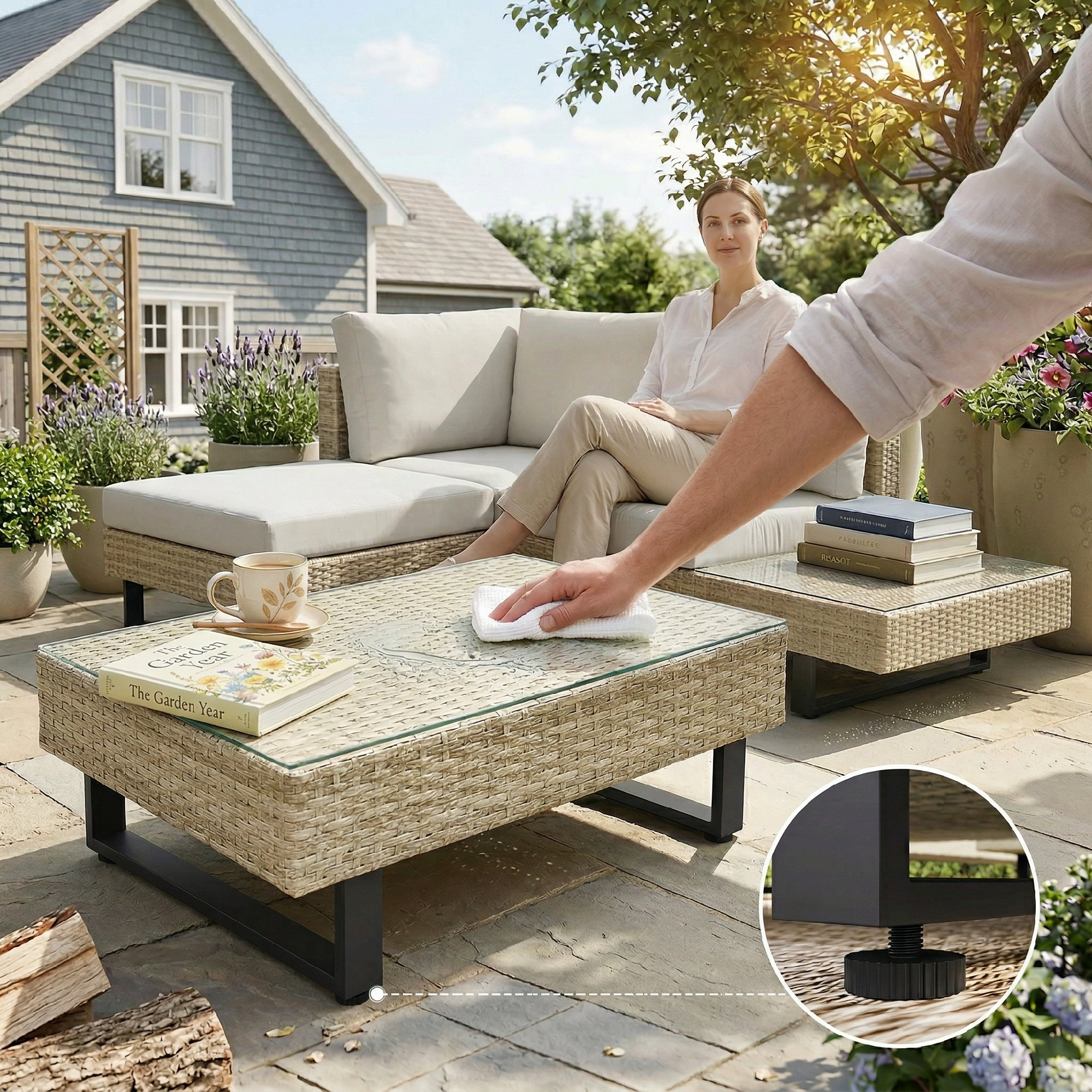 Hombre limpiando mesa de cristal en patio con muebles de mimbre.