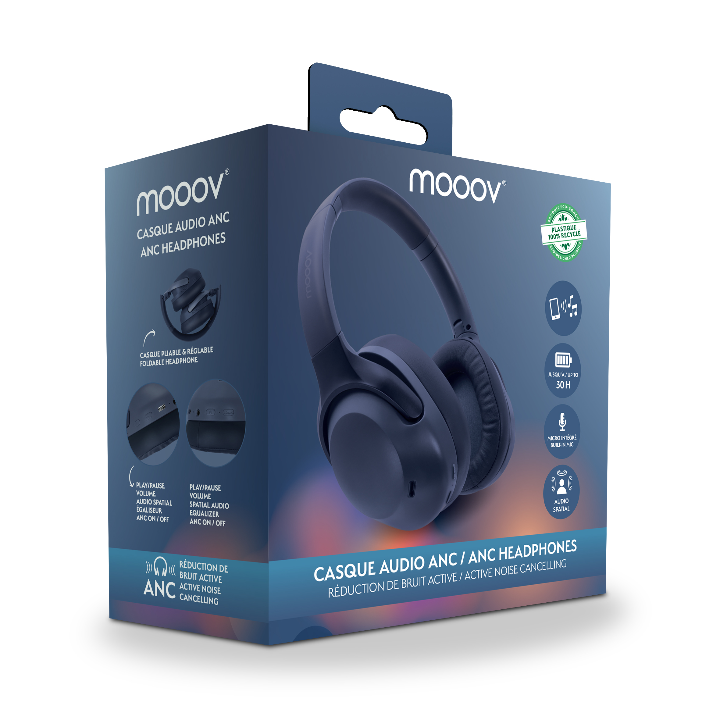 Embalaje de auriculares inalámbricos con ANC, plegables y 30h de batería.