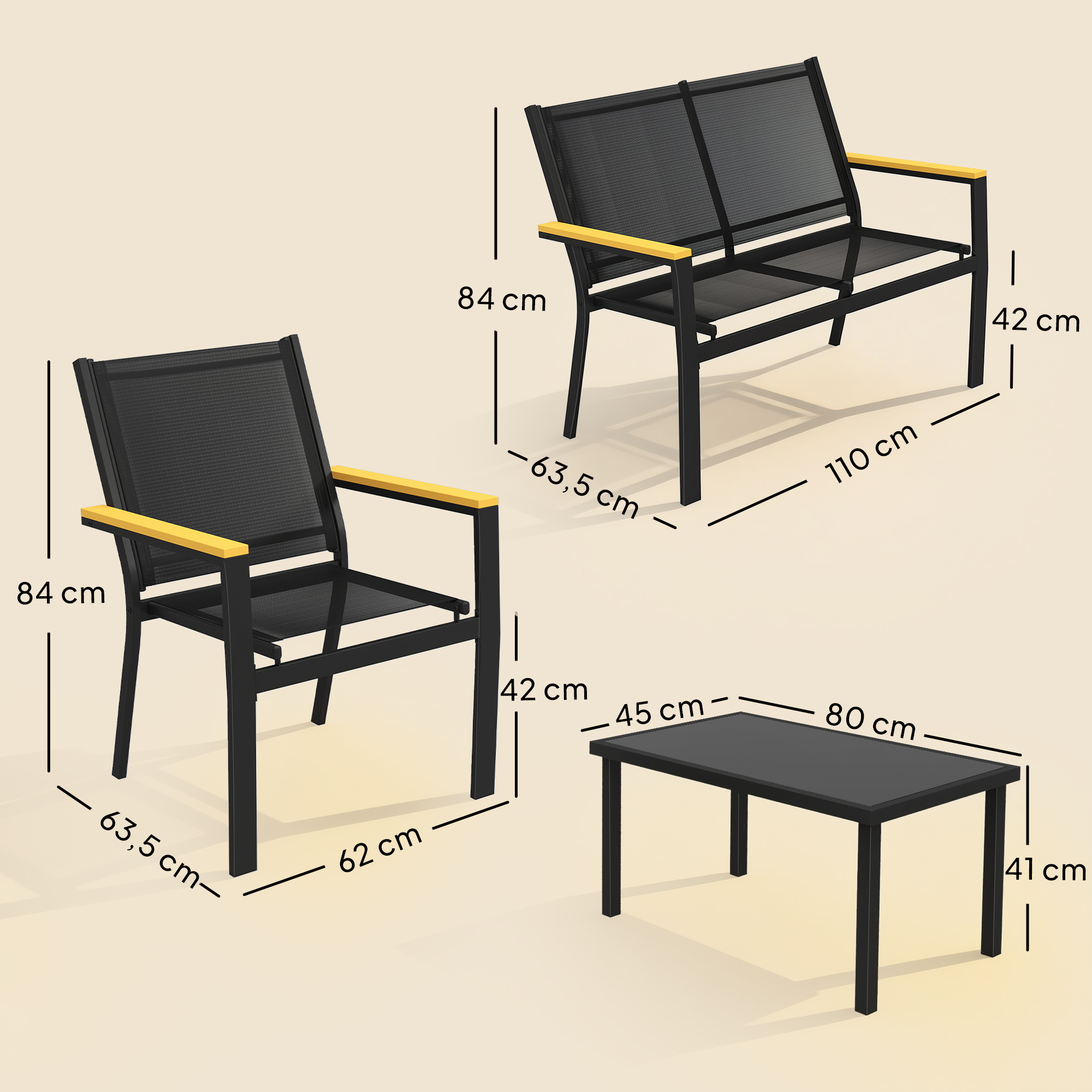 Conjunto de muebles de exterior con silla, banco y mesa, medidas indicadas.