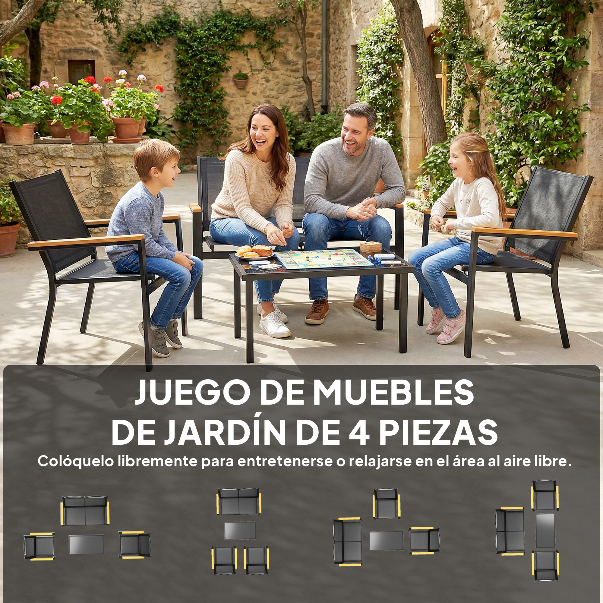 Familia juega juego de mesa en jardín con juego de muebles.