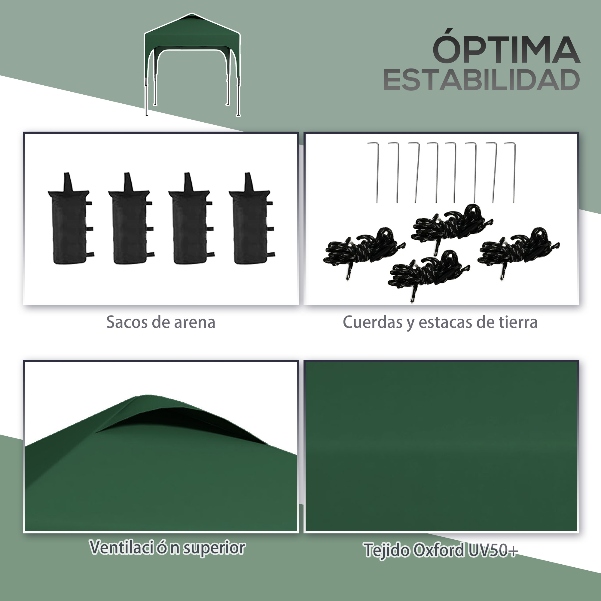 Tienda verde con accesorios: sacos de arena, cuerdas, estacas, ventilación, tela UV50+.