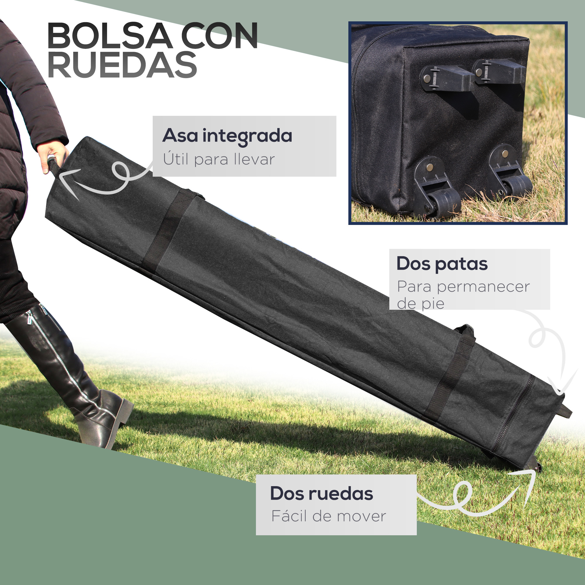 Bolsa negra con ruedas y asas sobre césped, sostenida por una persona.
