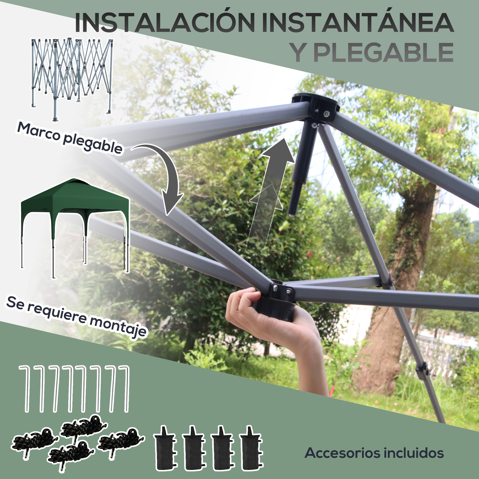 Una carpa verde y su estructura metálica con accesorios.