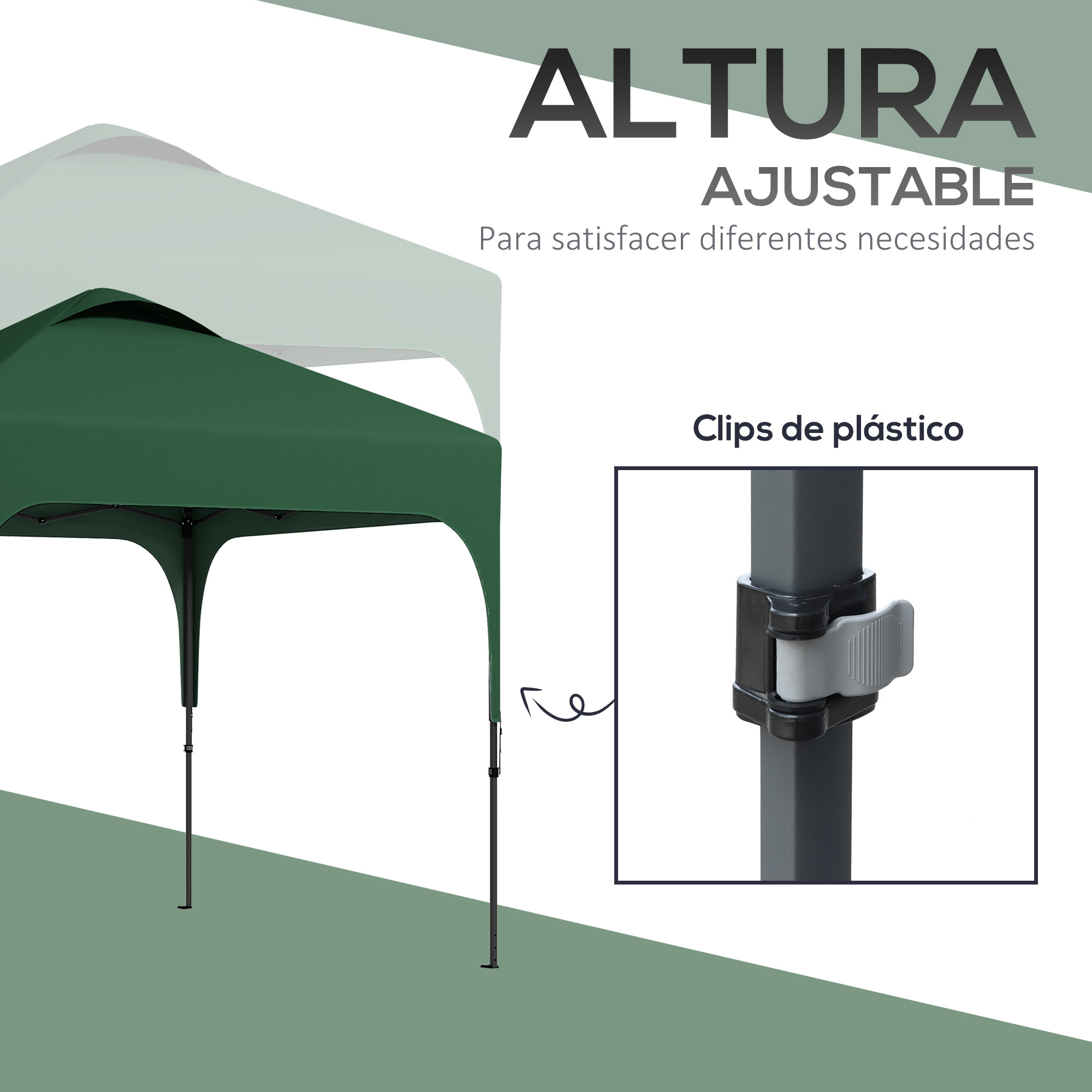 Una carpa verde con altura ajustable y clips de plástico. Primer plano de un clip.