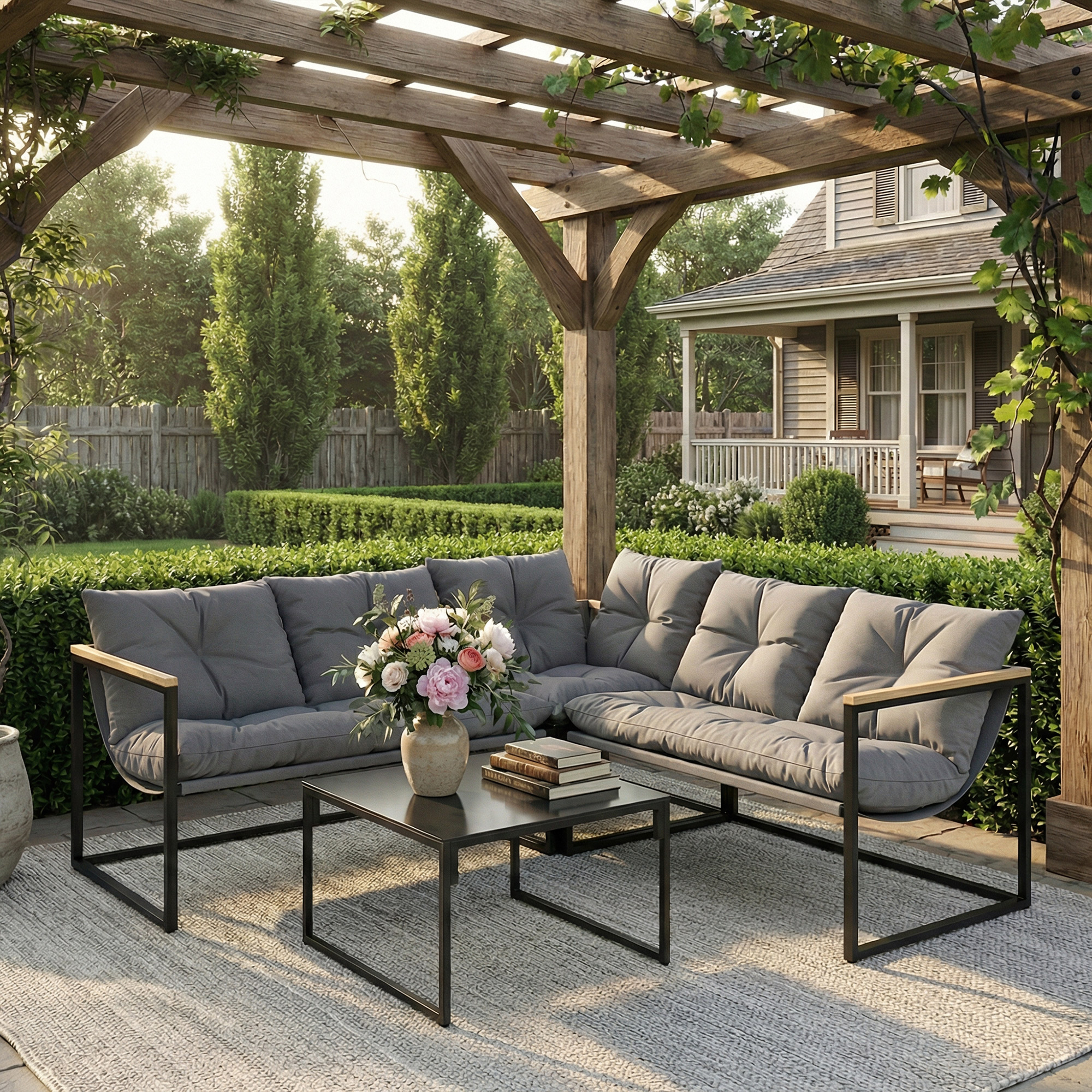 Un sofá esquinero gris con cojines, mesa con libros y flores bajo una pérgola de madera.