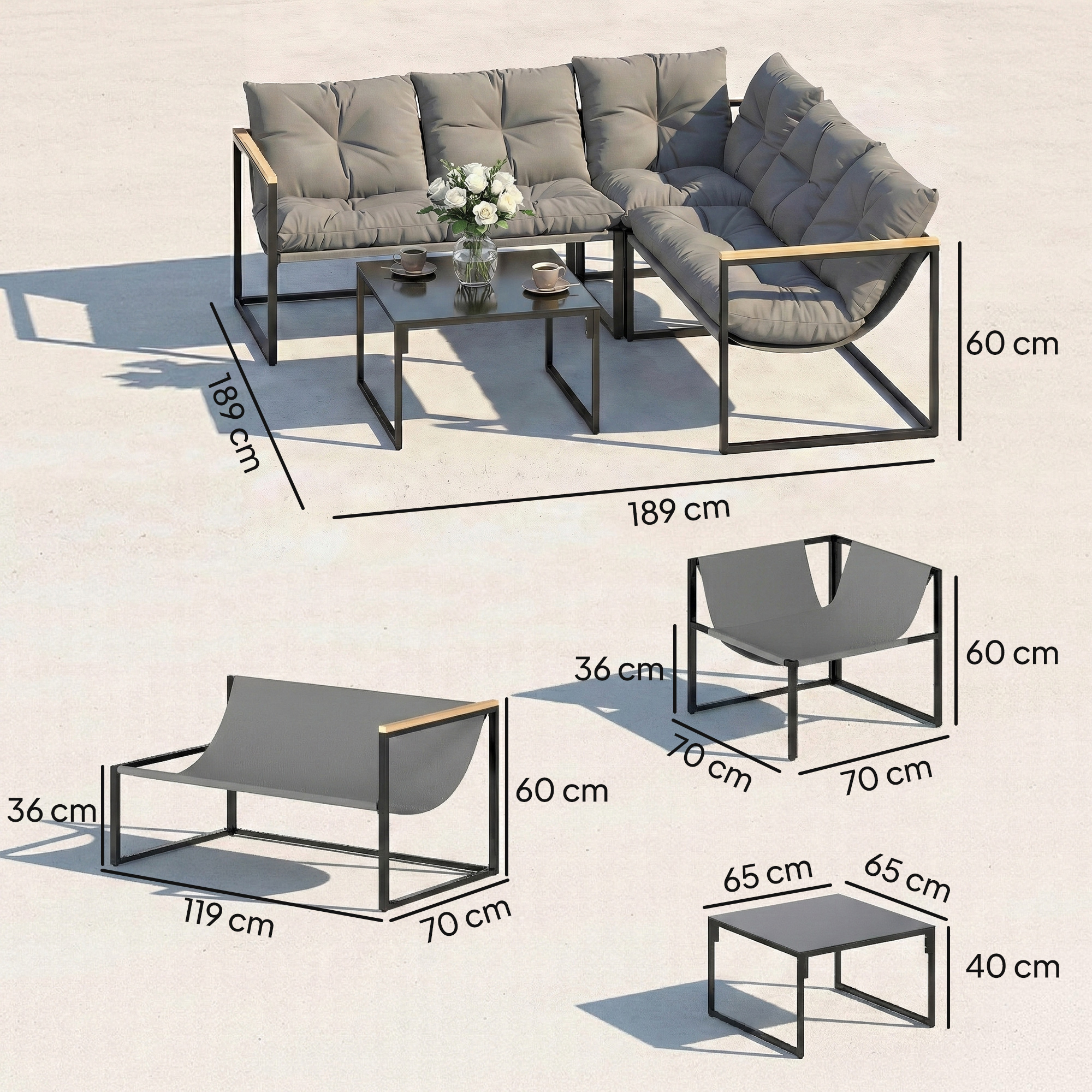 Sofá modular gris con mesas de centro y sillones, se muestran dimensiones.