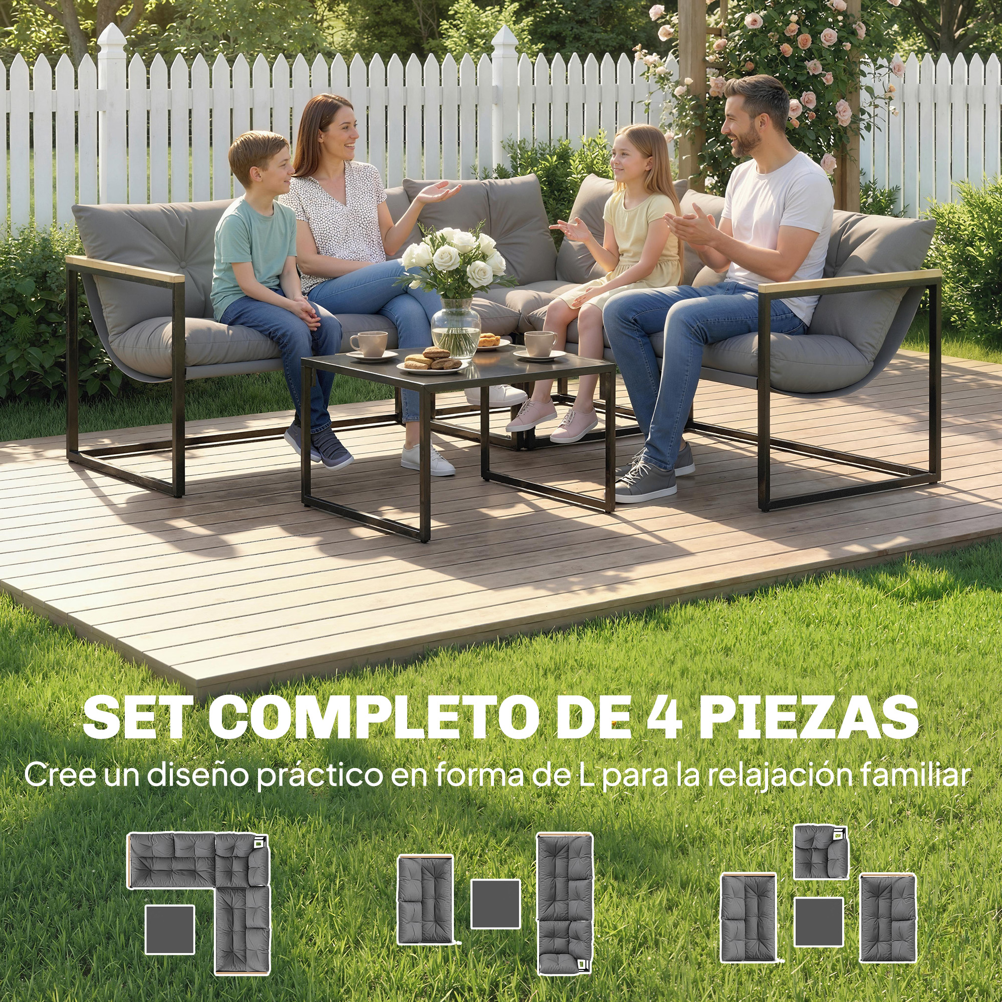 Familia sentada en muebles de jardín frente a una valla blanca.