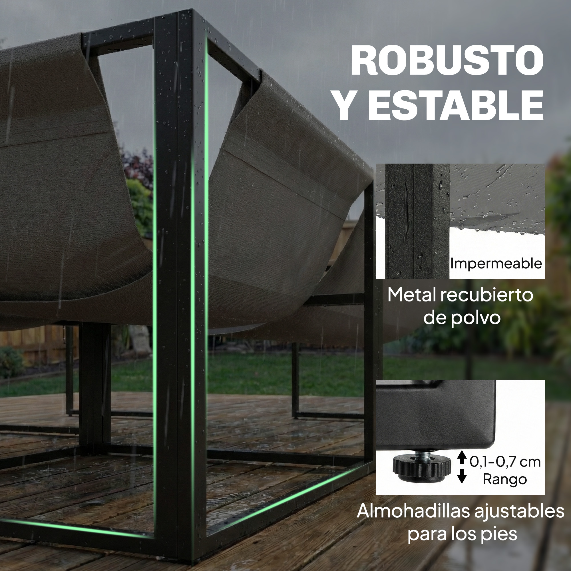 Llueve sobre una estructura metálica robusta y estable con paneles de tela gris.