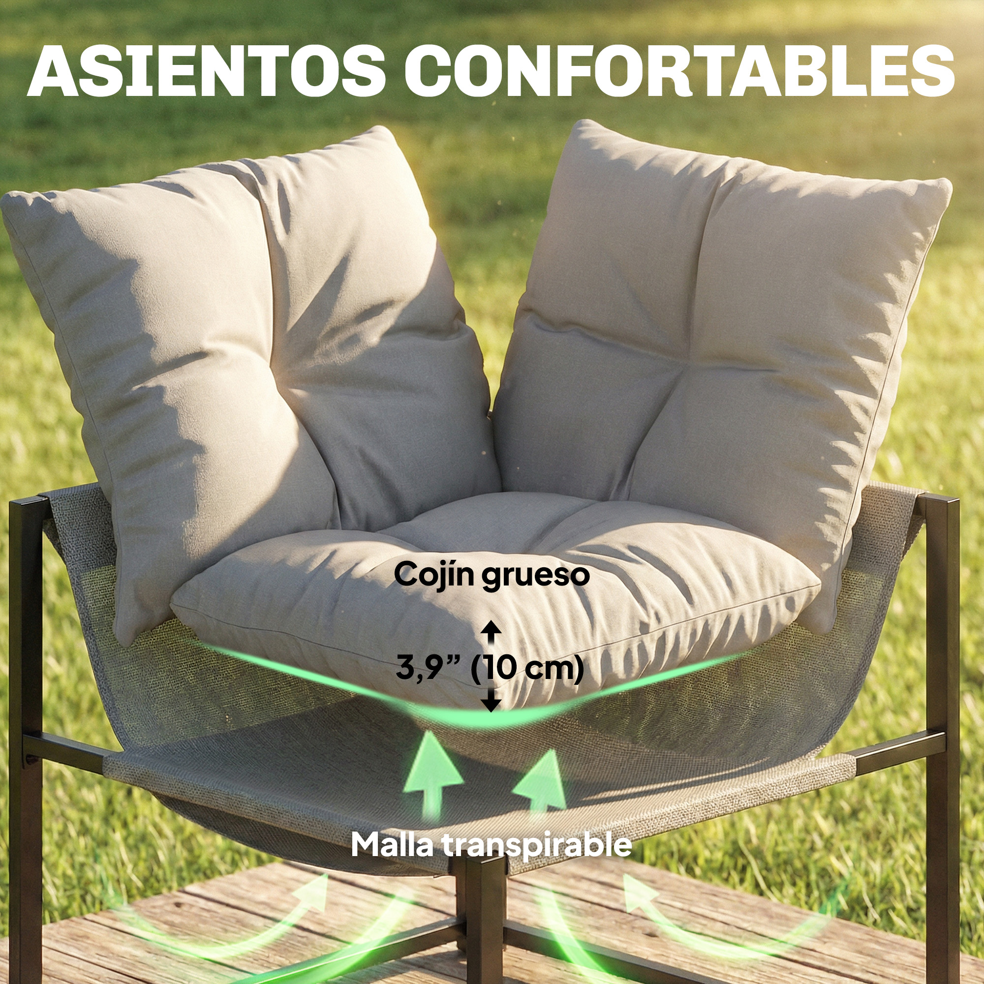 Un sillón beige con cojines gruesos y tejido de malla transpirable al aire libre.