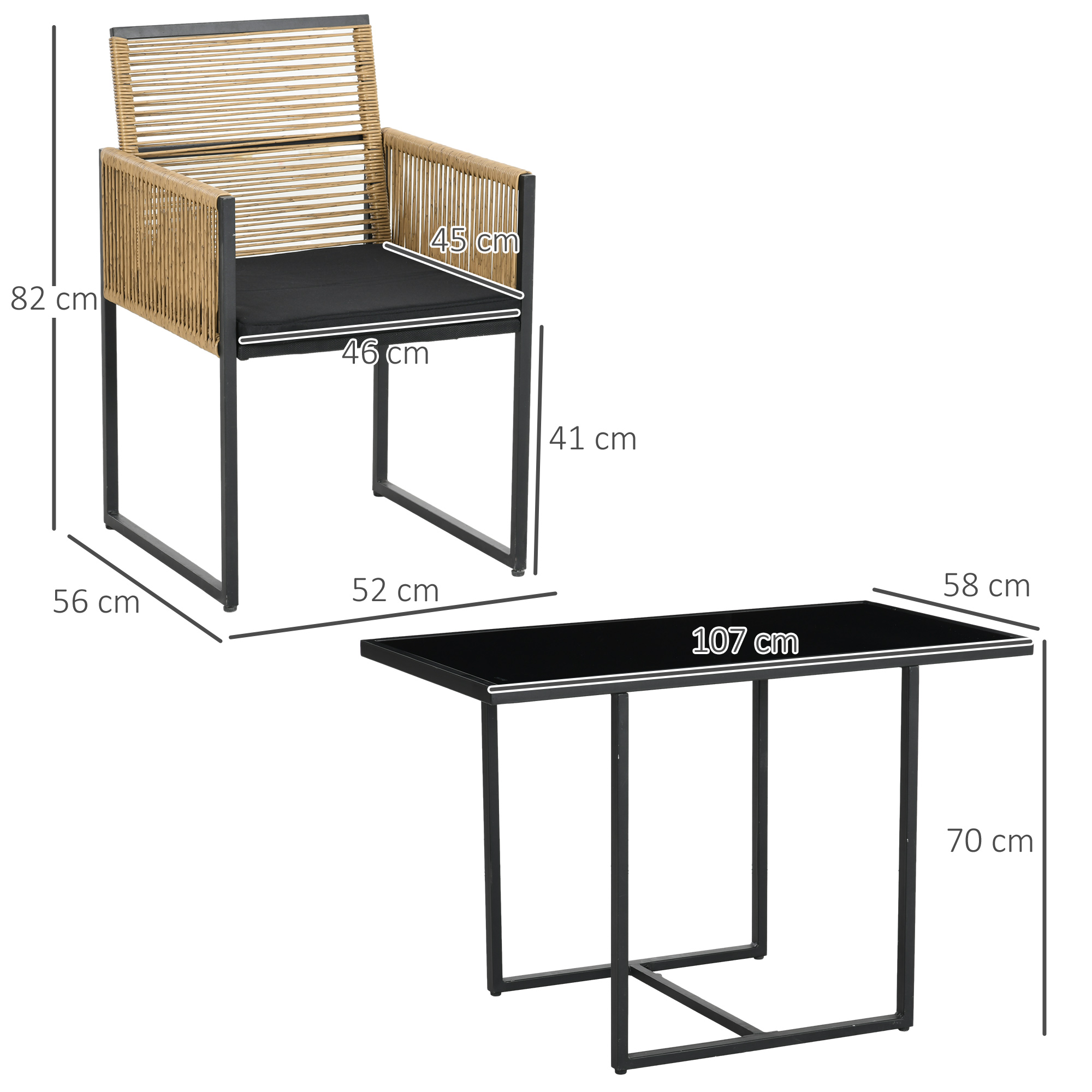 Sillón tejido y mesa rectangular con tapa de cristal negro, con medidas.