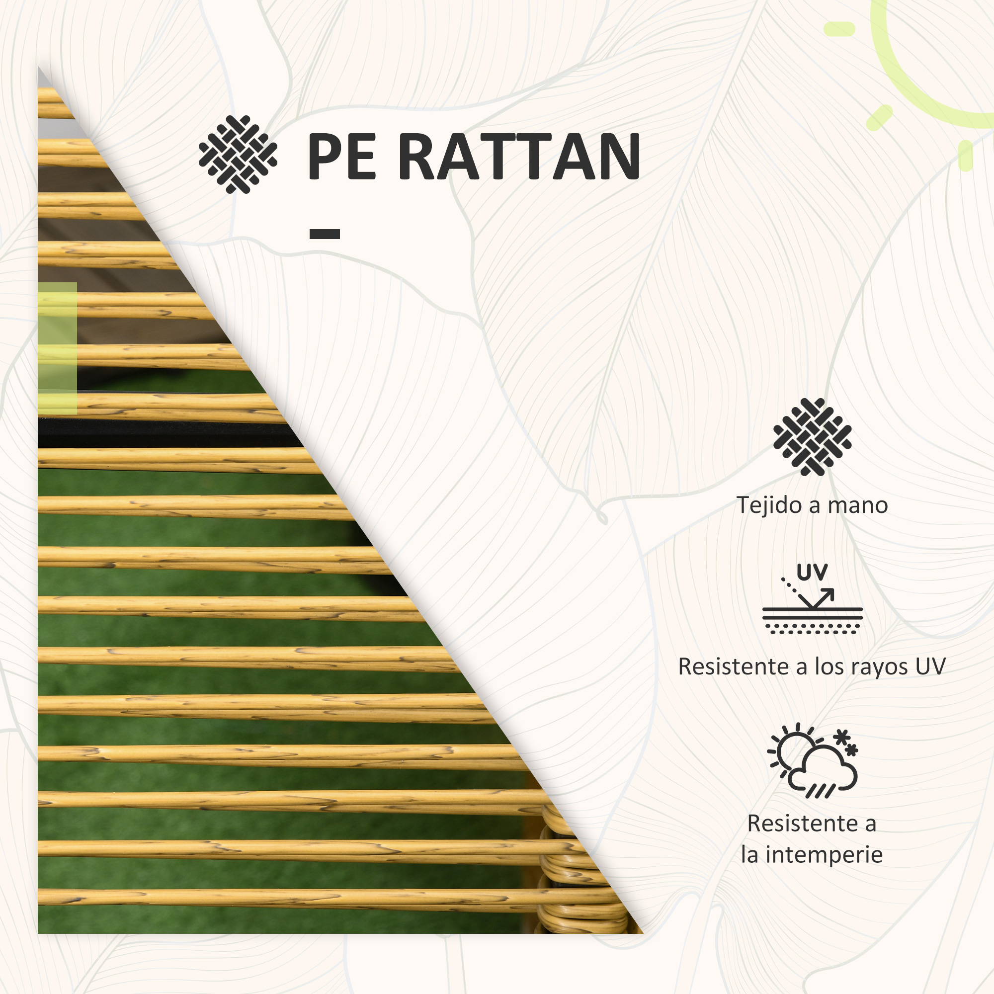 PE Rattan: tejido a mano, resistente a rayos UV, resistente a la intemperie.