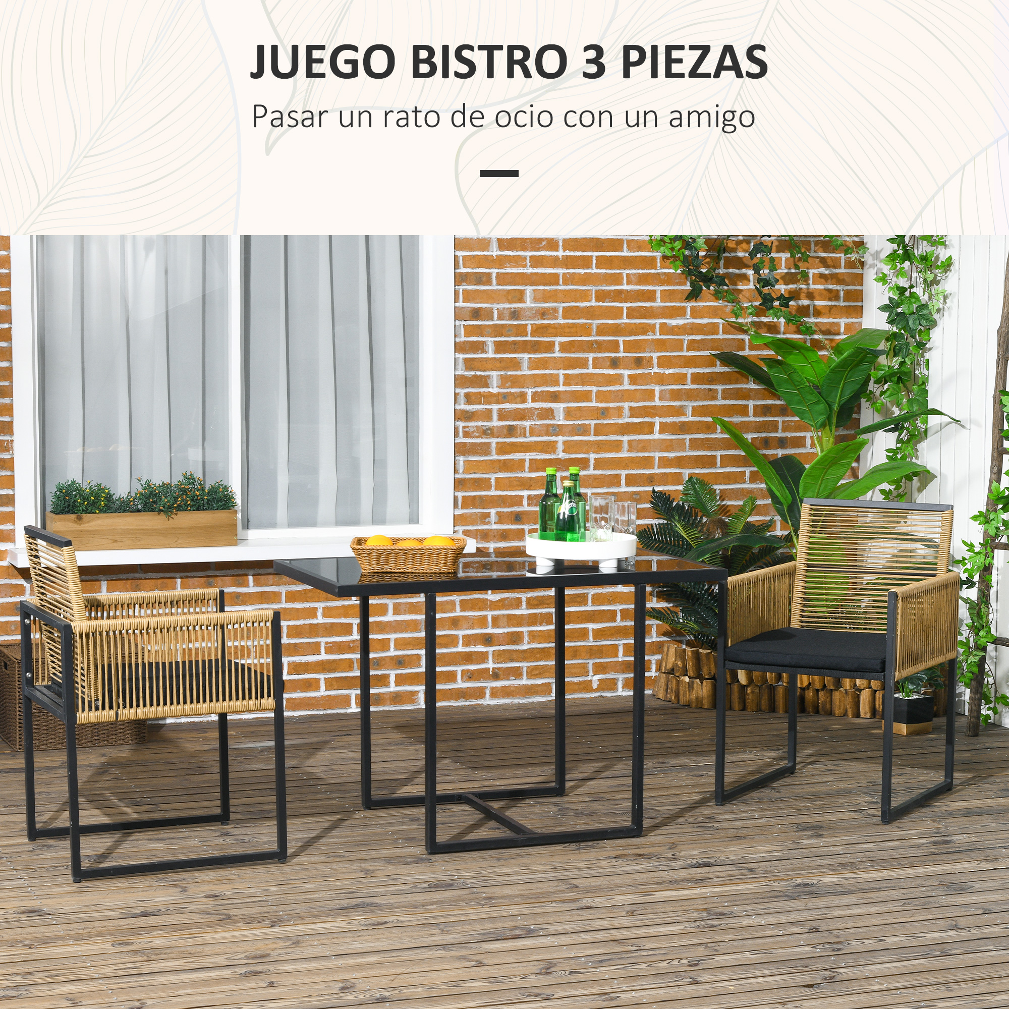 Una mesa de bistró y dos sillas de ratán en una terraza de madera contra una pared de ladrillos.