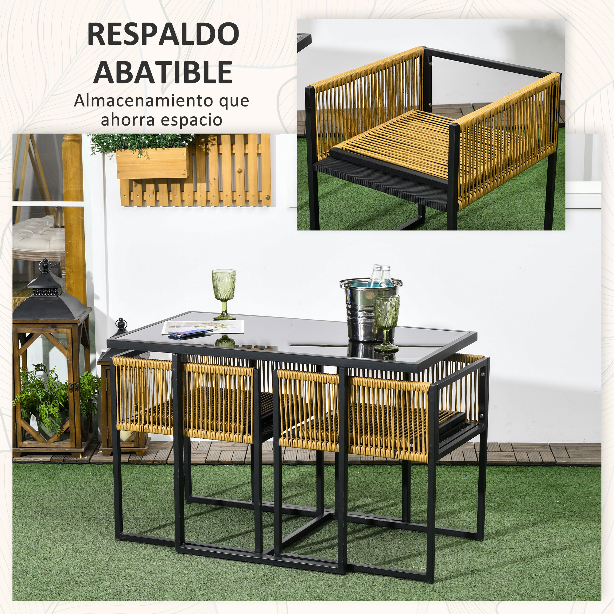 Un juego de mesa con tapa de cristal y cuatro sillas de ratán sobre césped artificial.