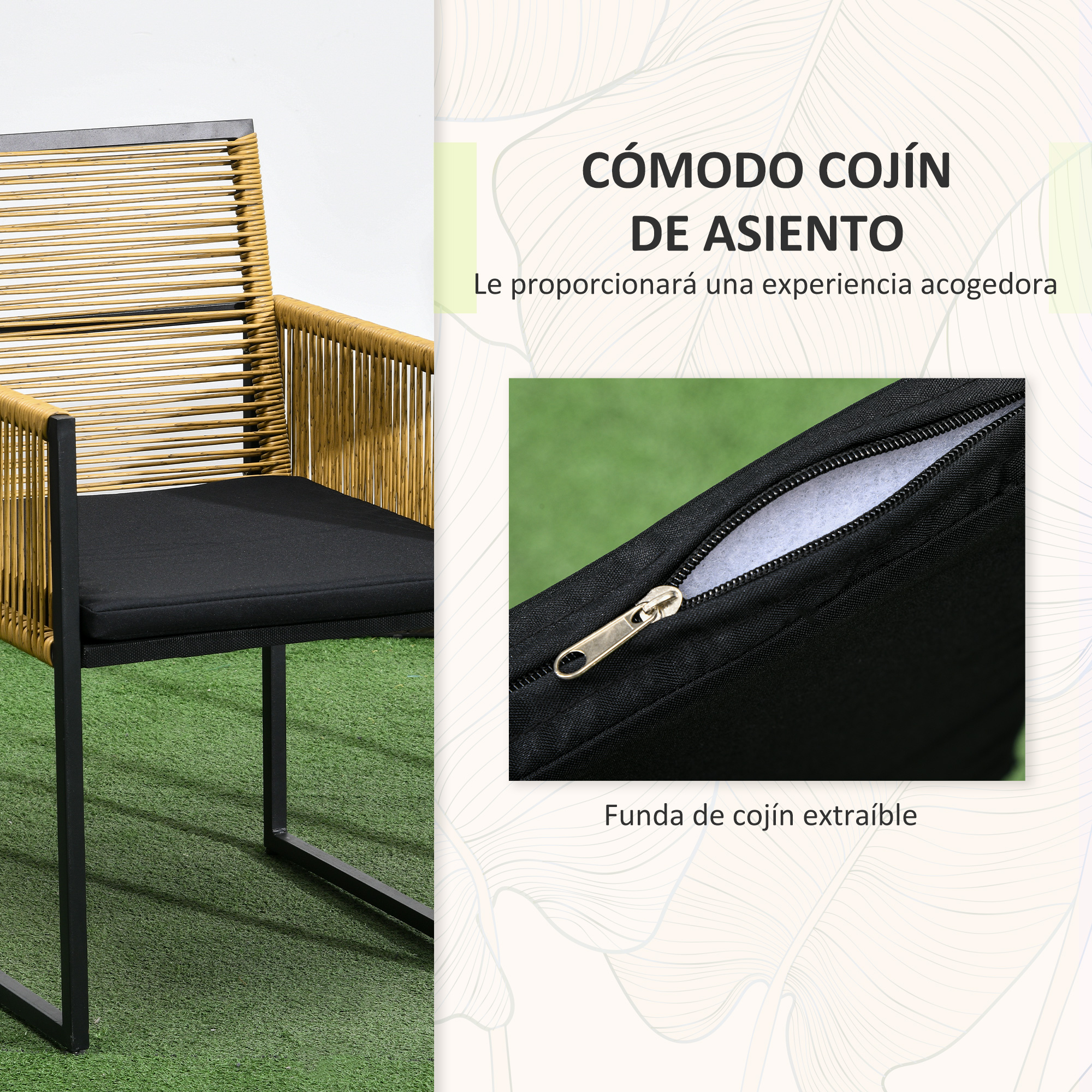 Una silla estilo mimbre con cojín de asiento negro y patas metálicas sobre césped artificial.