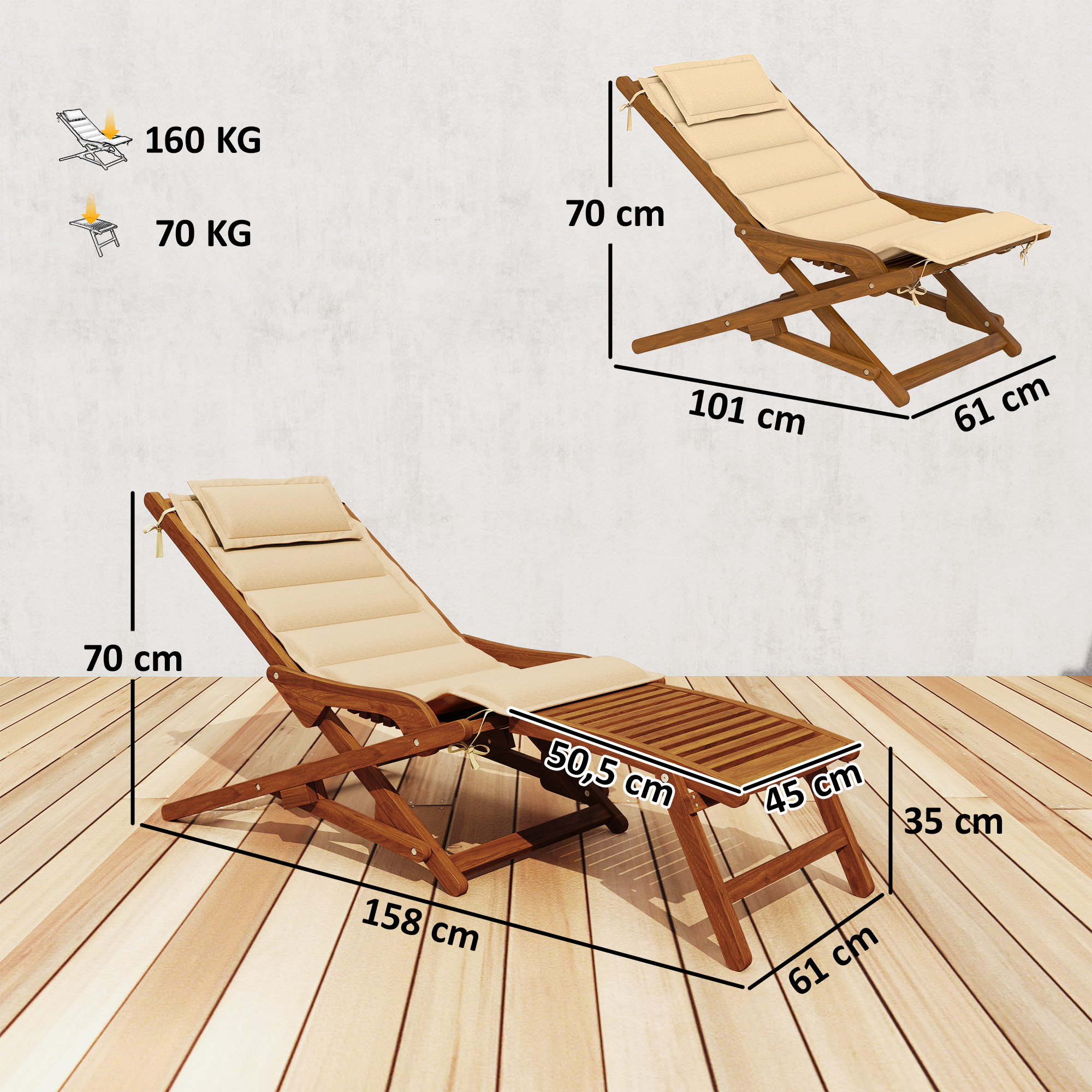 Una tumbona de madera con cojín beige, se muestran las medidas.