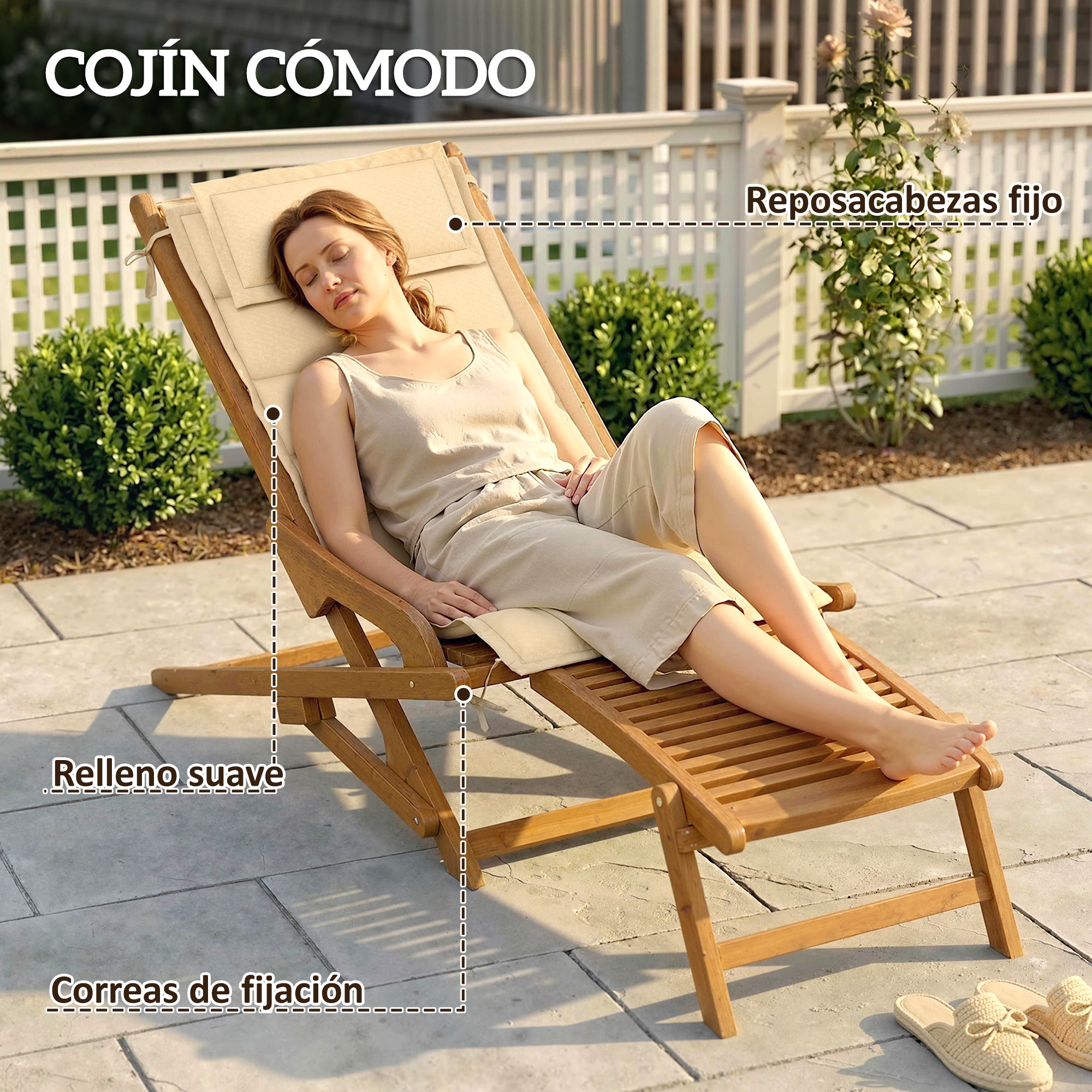 Mujer relajándose en una tumbona de madera con cojín, al aire libre en un patio pavimentado.