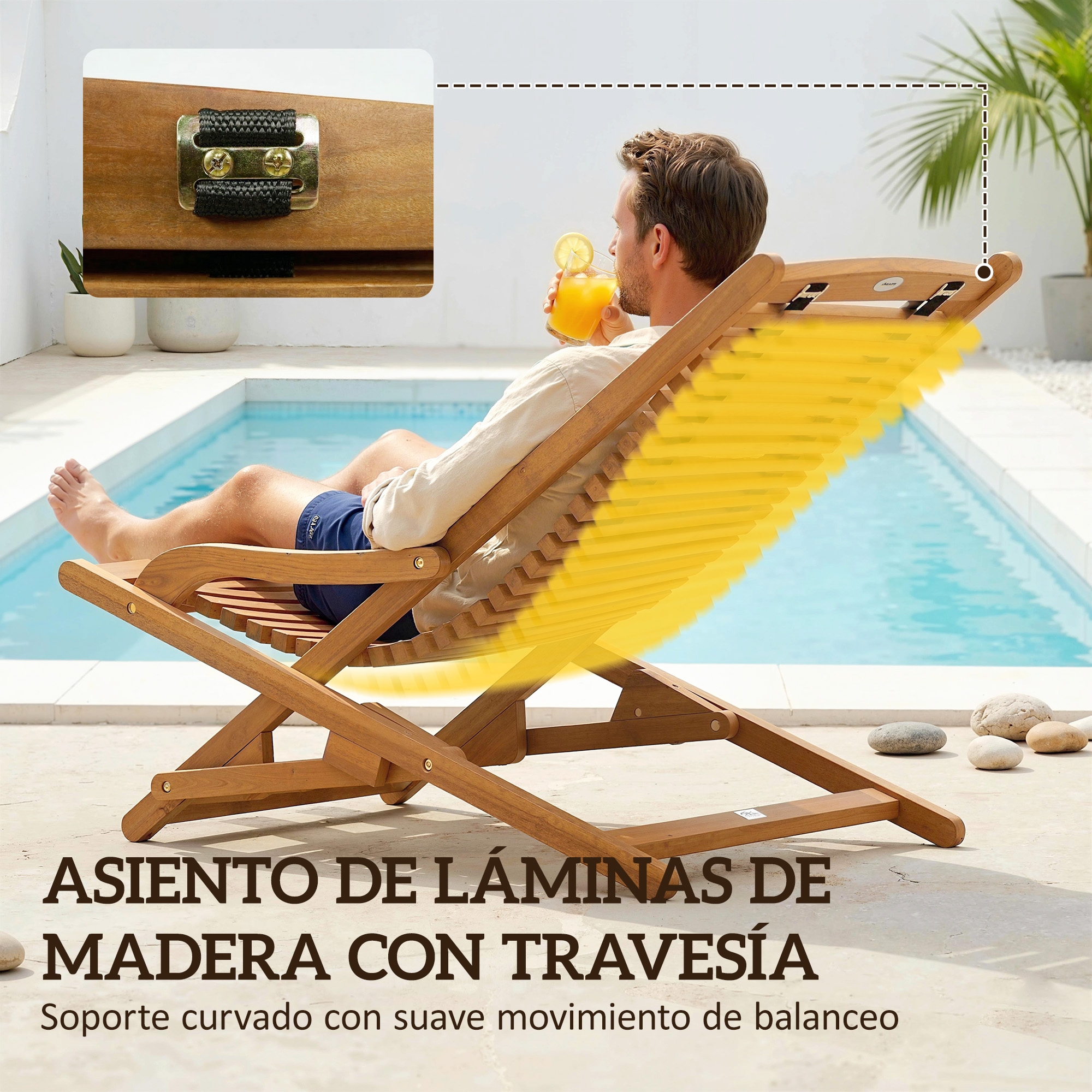 Hombre bebe jugo junto a piscina en tumbona de madera con superposición.