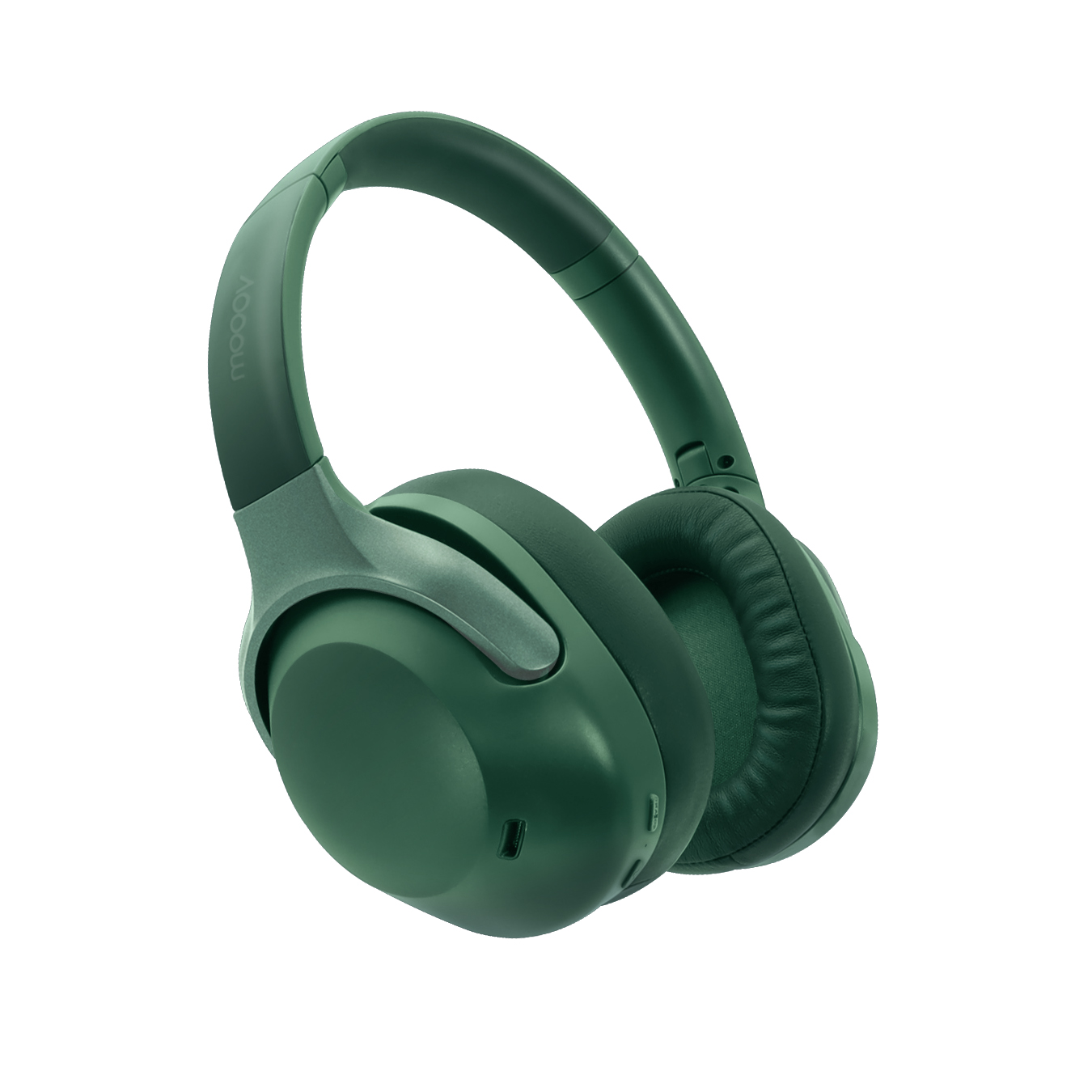 Auriculares circumaurales verde oscuro con almohadillas acolchadas y diadema ajustable.