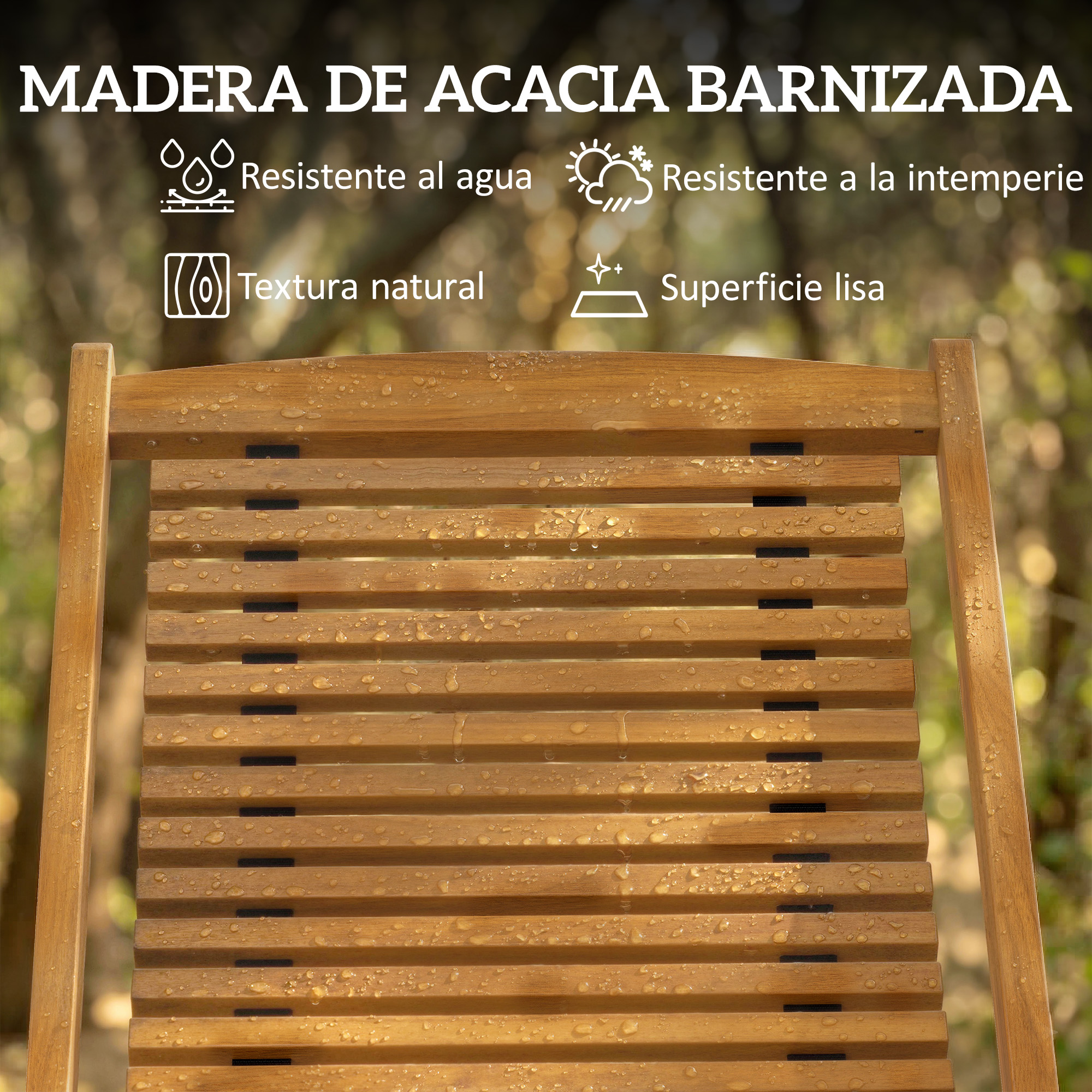 Listones de madera marrones con gotas de agua, mostrando textura natural y superficie lisa.