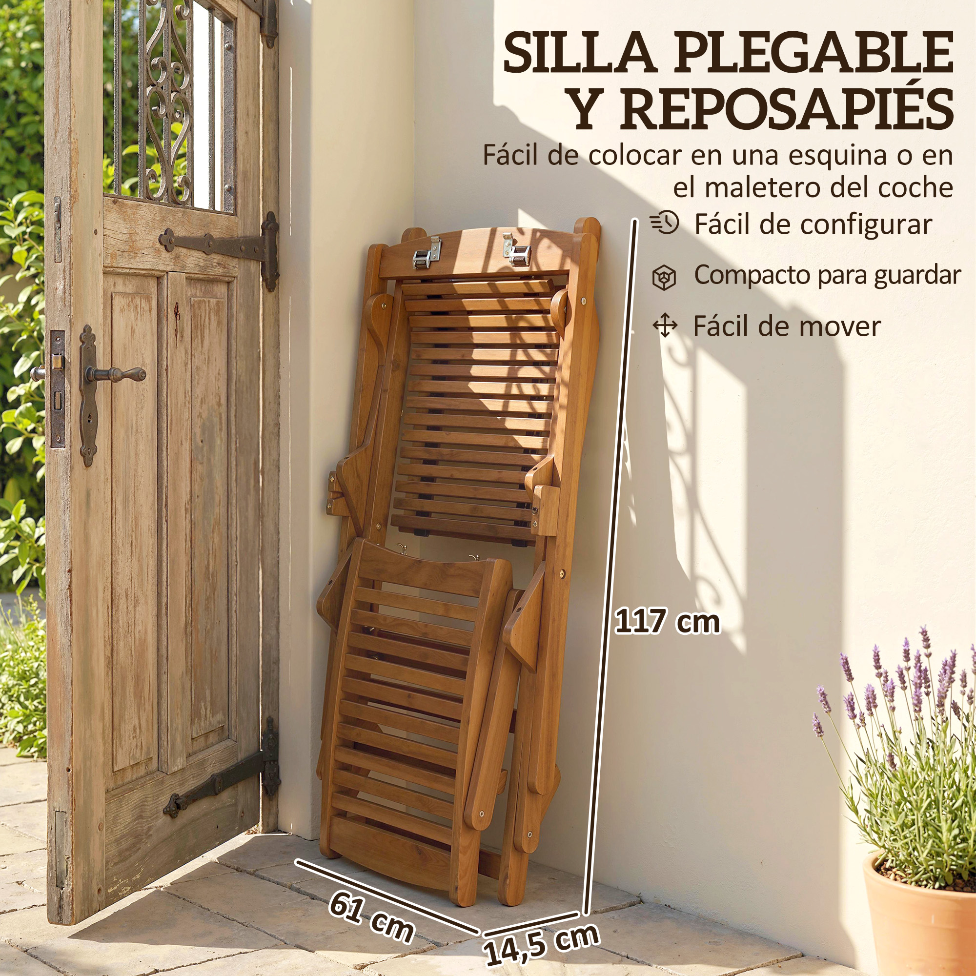 Una silla de madera plegable con reposapiés junto a una puerta de madera.