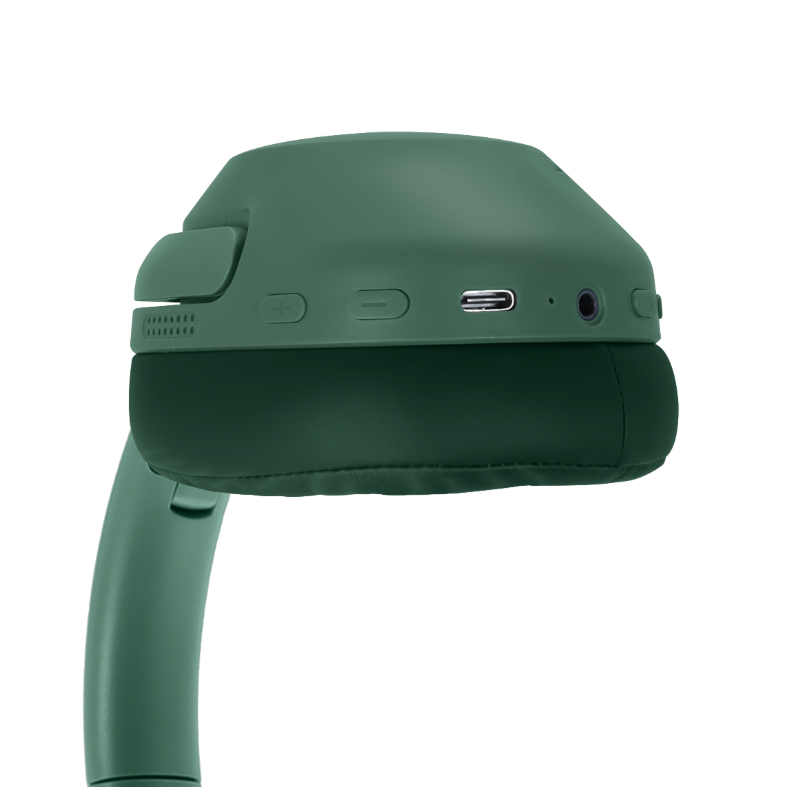 Auriculares verdes con puerto de carga y conector.