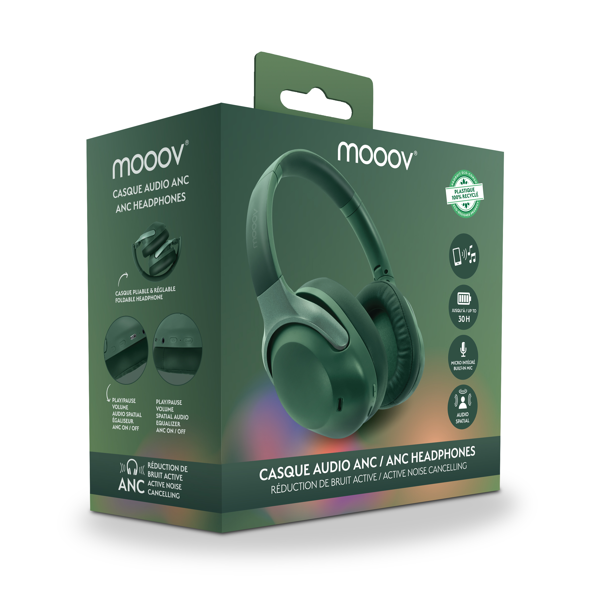 Embalaje verde de auriculares que muestra auriculares y características.