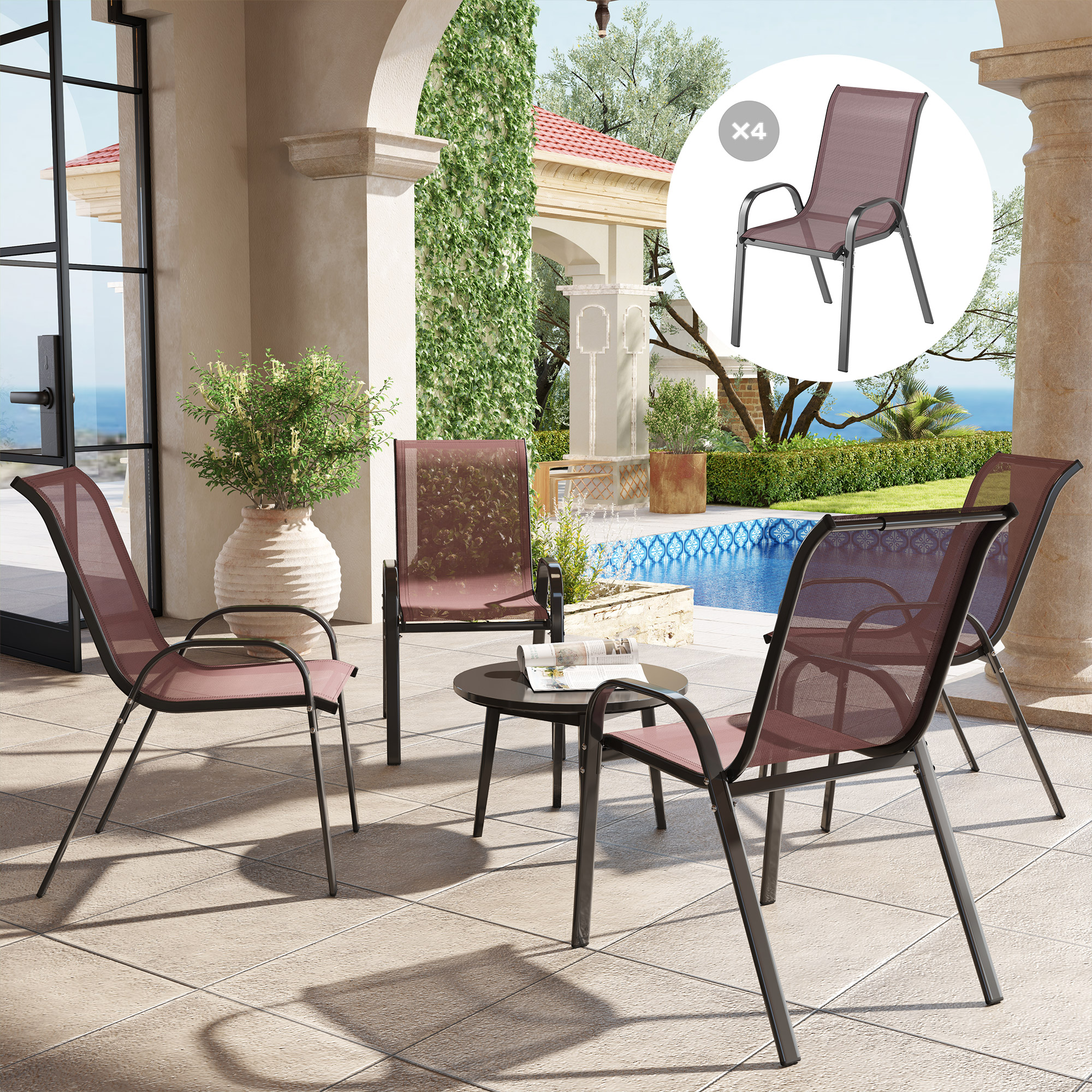 Quattro sedie da patio marroni e un tavolo su un patio piastrellato accanto a una piscina.