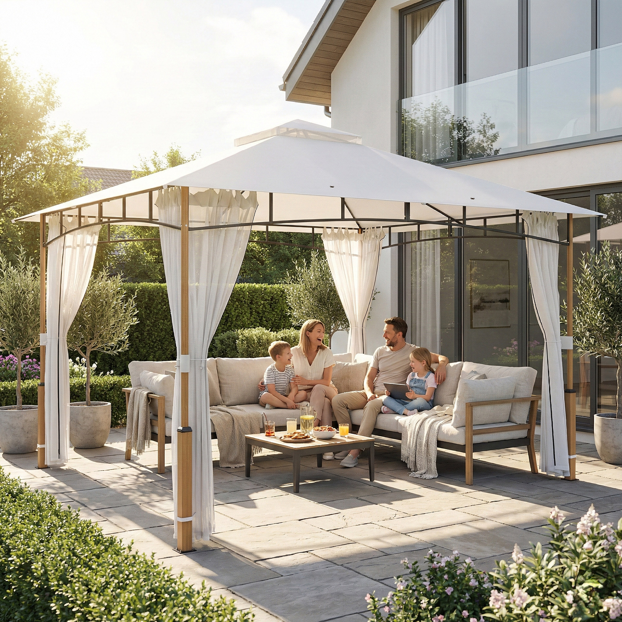 Una famiglia seduta su un divano sotto un gazebo bianco in giardino.