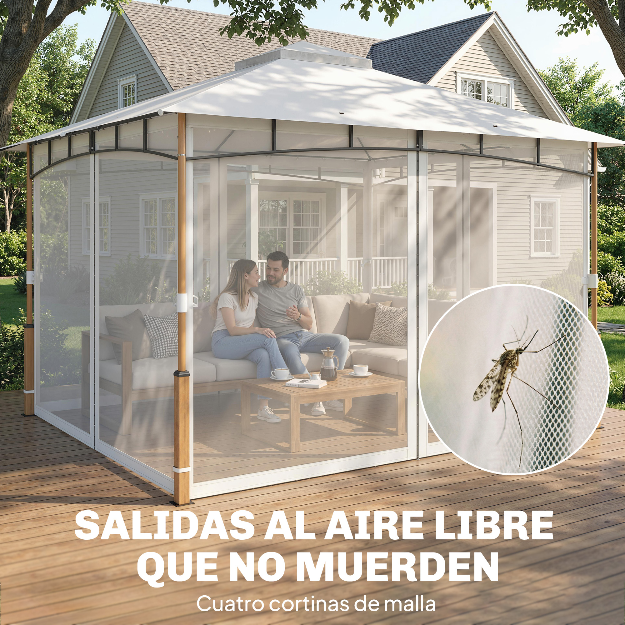 Una pareja se relaja en un cenador con mosquiteras, primer plano de mosquito.