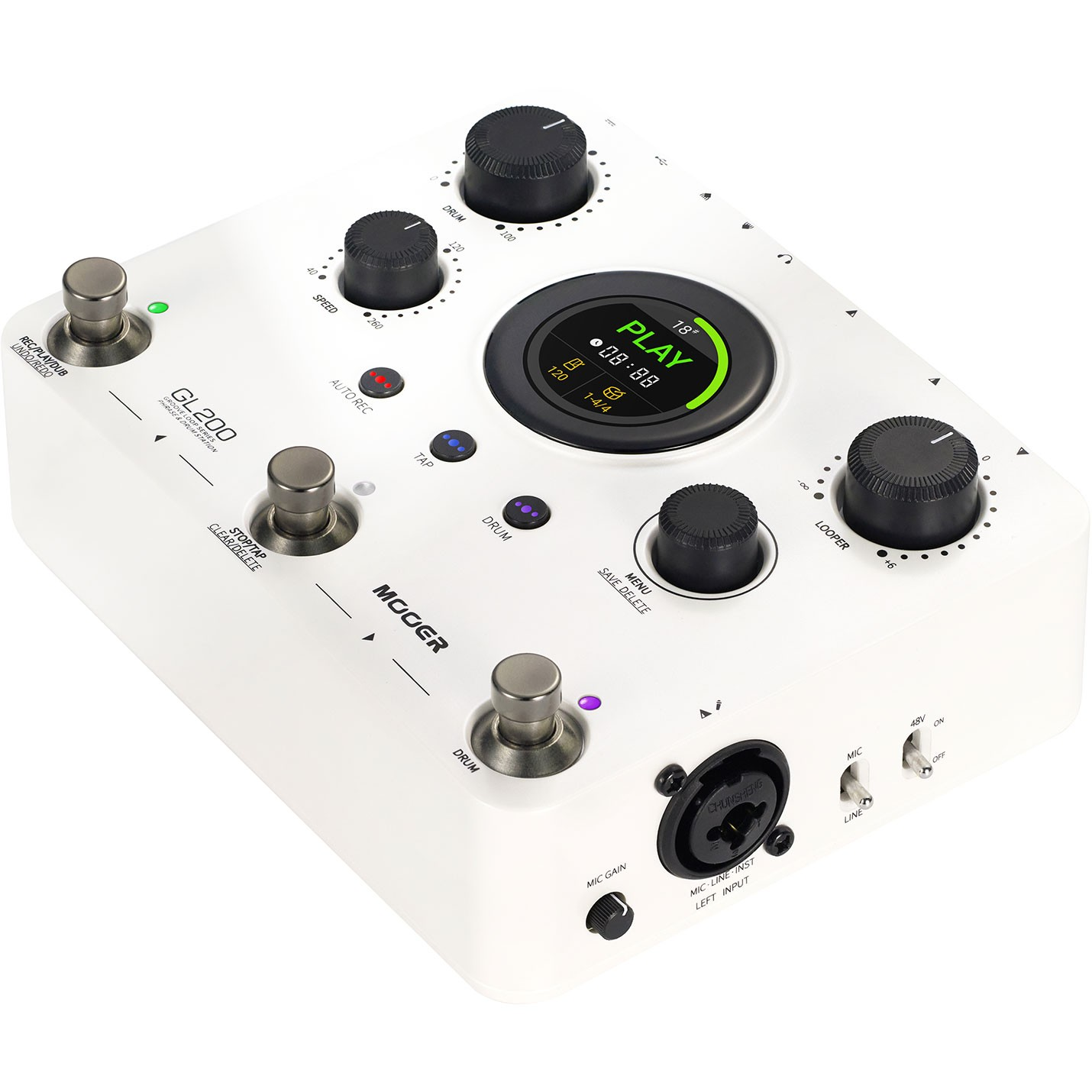 Düğmeler, pedallar ve ekrana sahip beyaz bir Mooer GL200 Groove Loop Series Phrase & Drum Station cihazı.