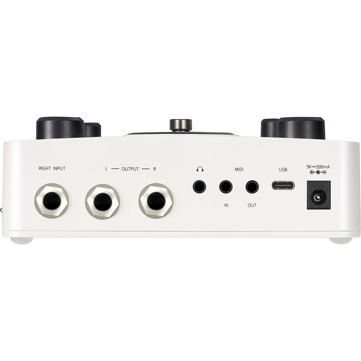 Girişlerli beyaz ses cihazı arka paneli: 3x jak, kulaklık, MIDI, USB, güç.