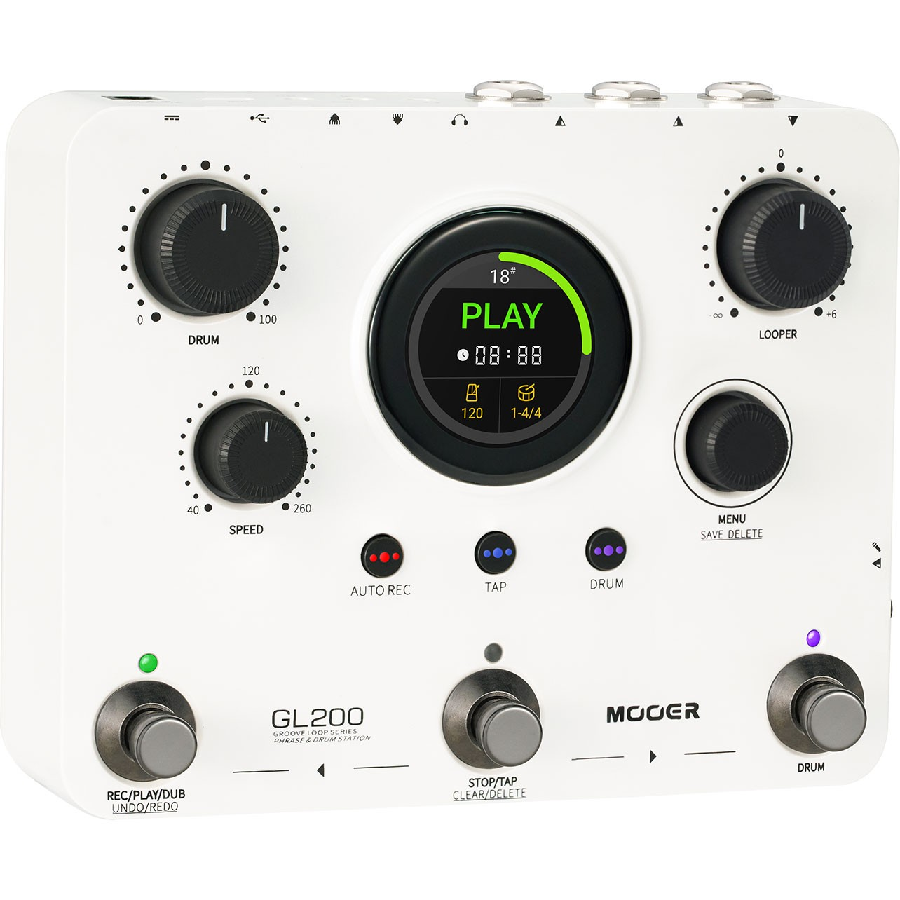 Düğmeler, tuşlar ve dijital ekrana sahip beyaz bir Mooer GL200 Groove Loop Series pedalı.
