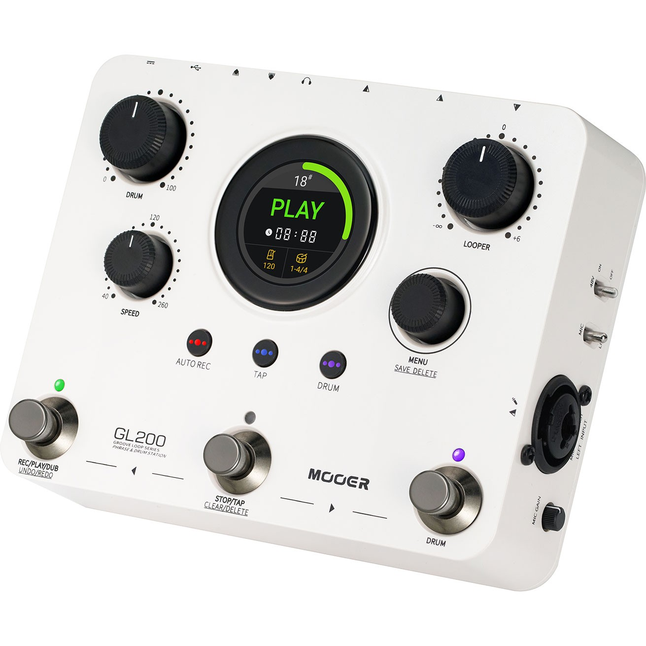 Düğmeli, tuşlu ve ekranlı beyaz bir Mooer GL200 looper pedalı.